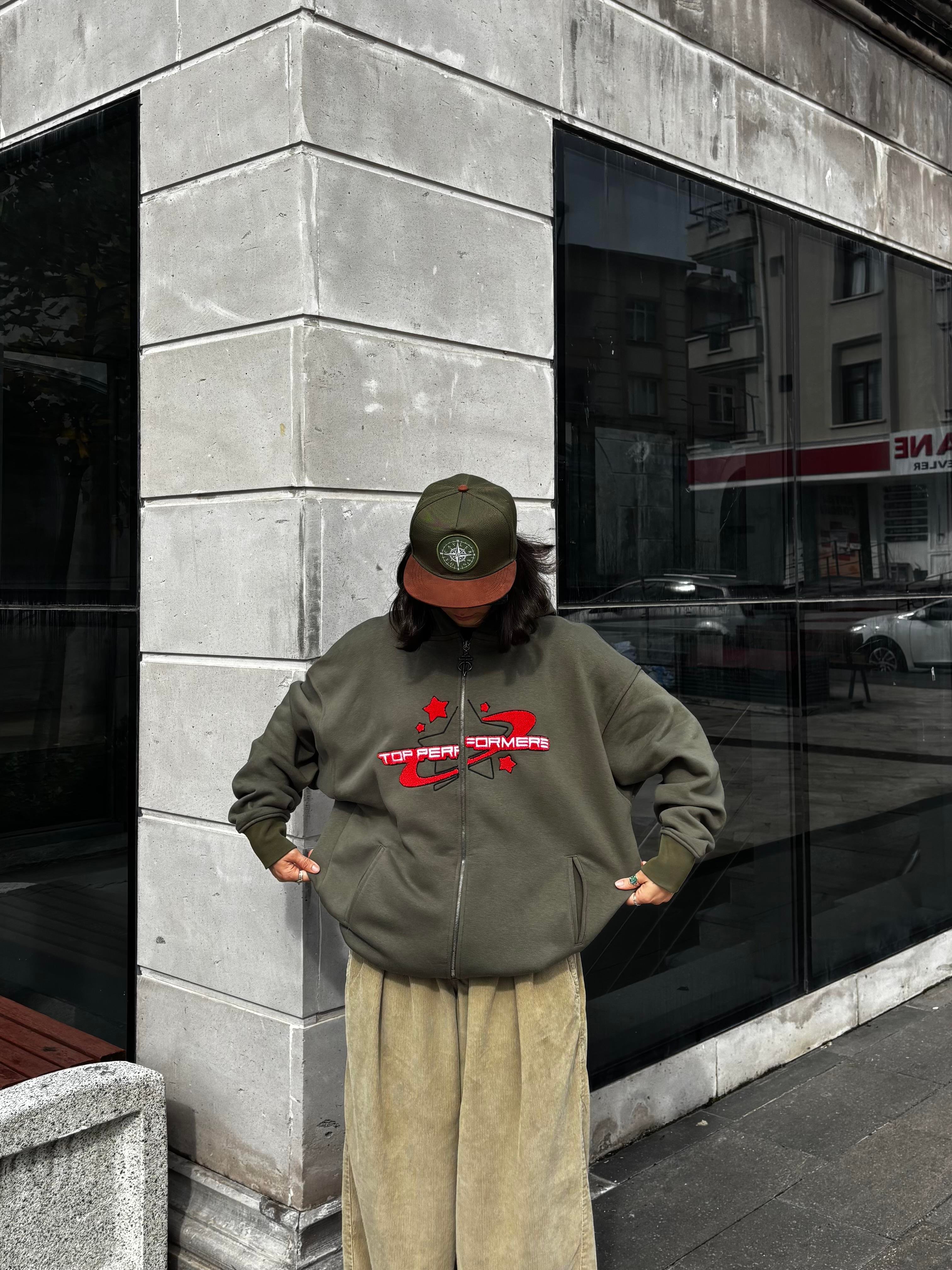 Premium Haki Ton TP Nakışlı Zipper Oversized Hoodie