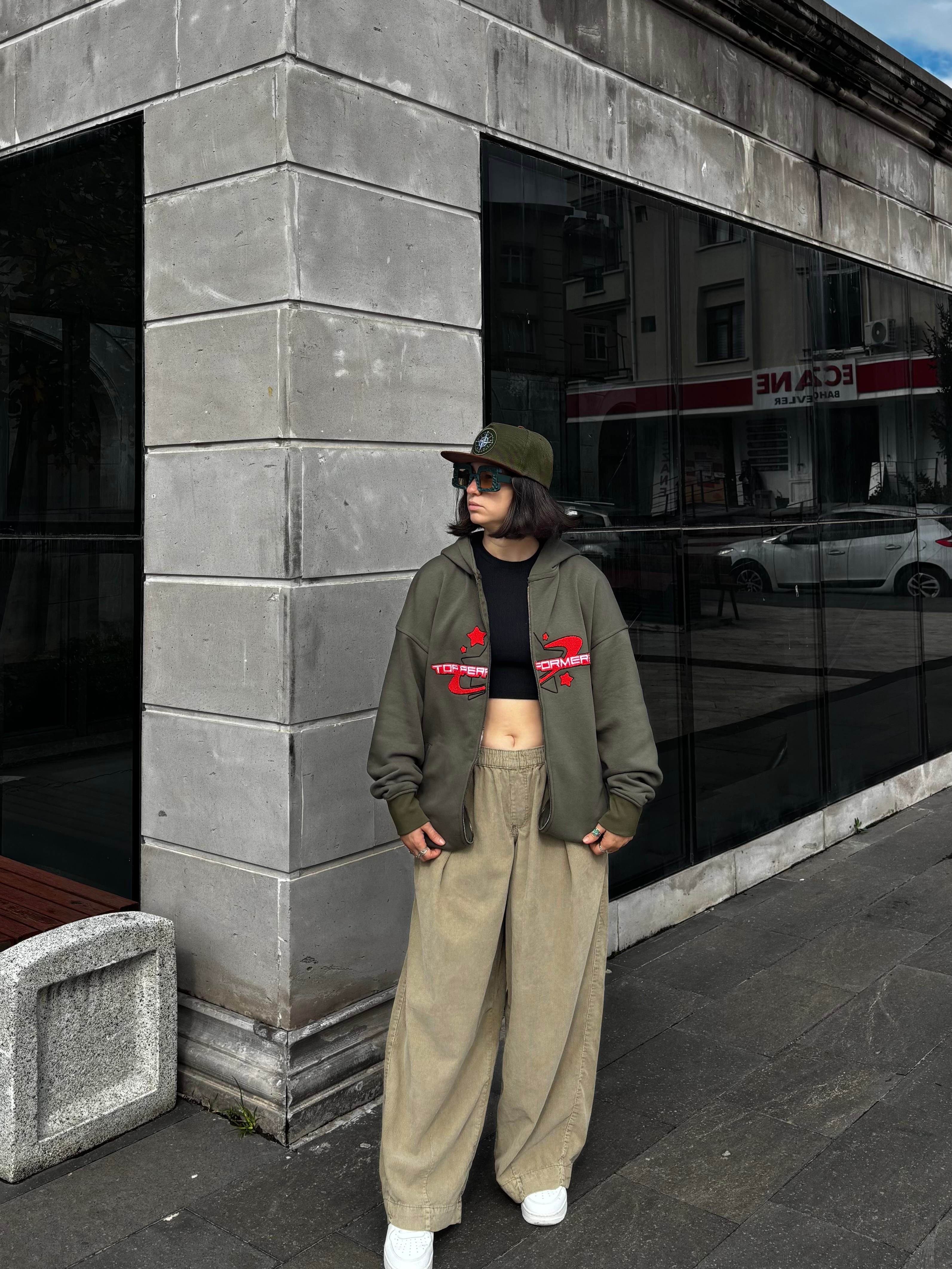 Premium Haki Ton TP Nakışlı Zipper Oversized Hoodie