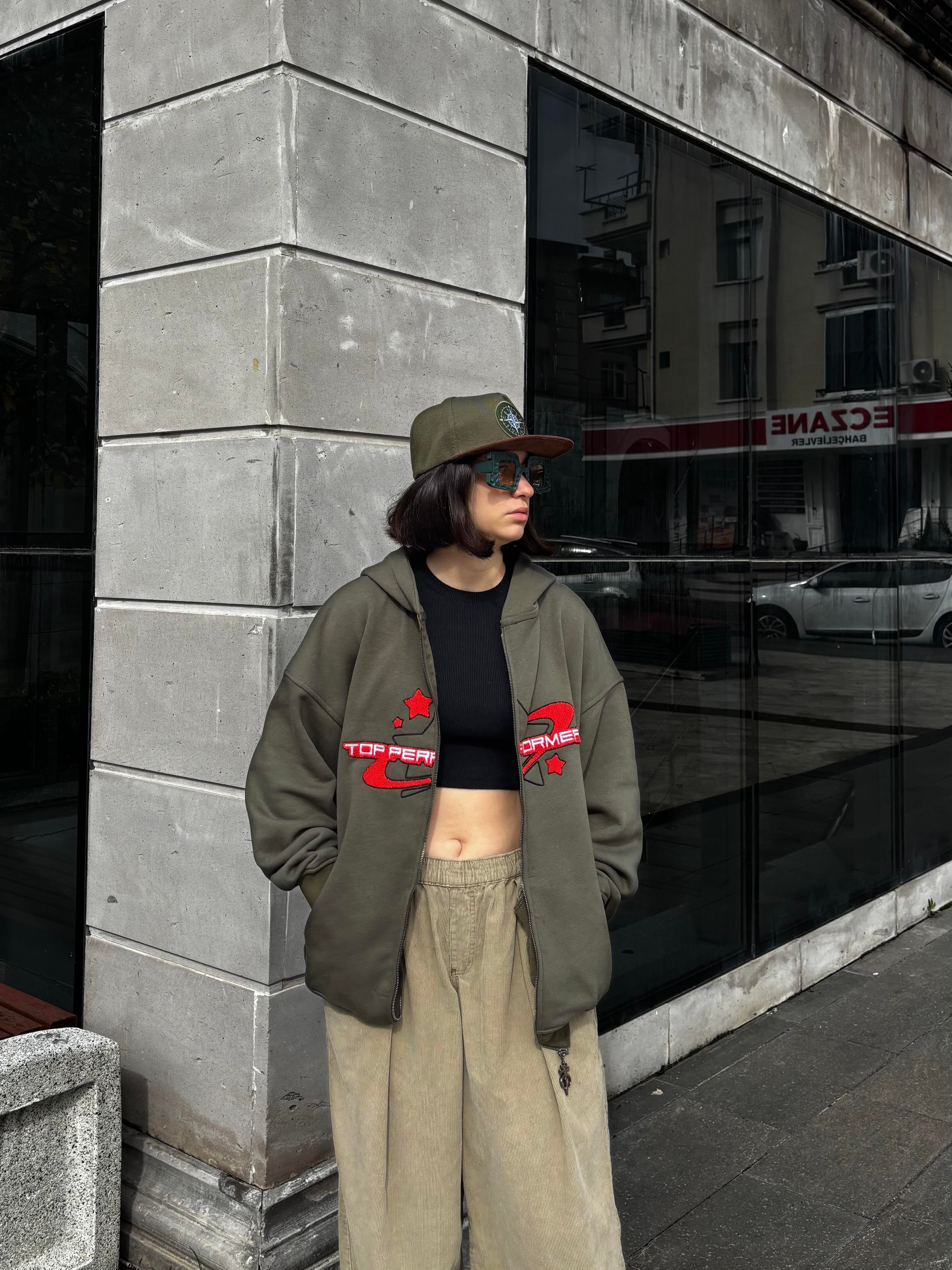 Premium Haki Ton TP Nakışlı Zipper Oversized Hoodie