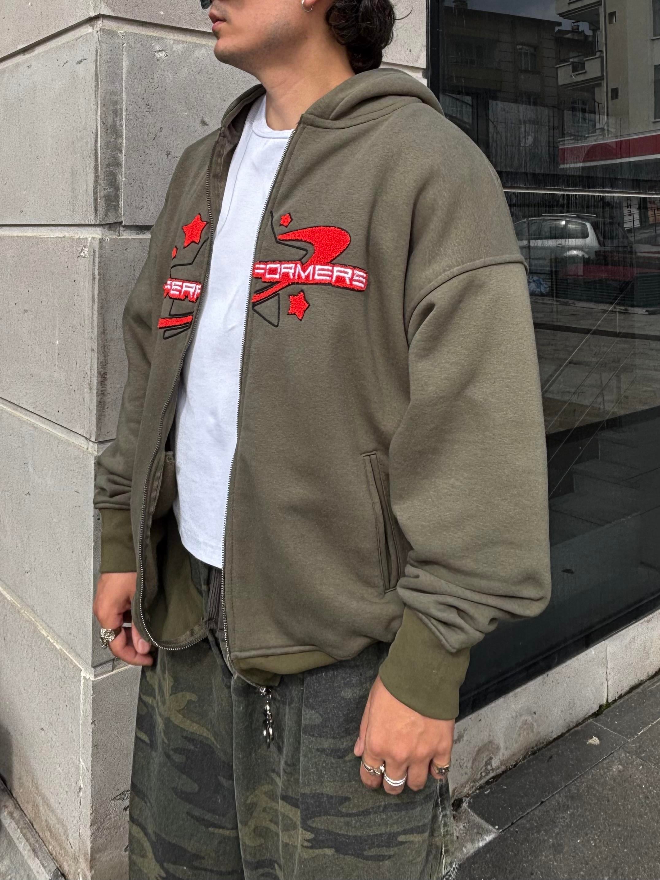 Premium Haki Ton TP Nakışlı Zipper Oversized Hoodie