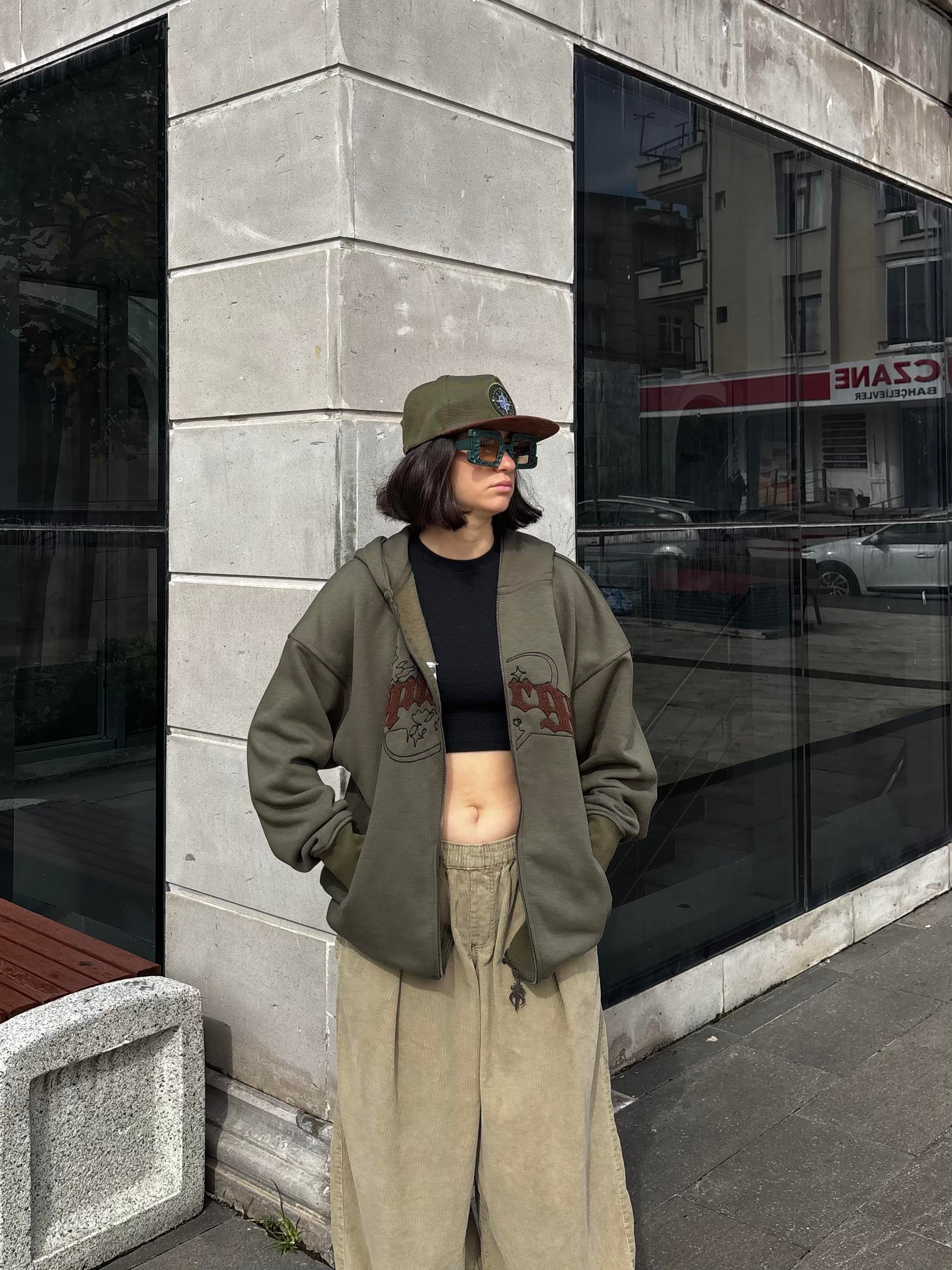 Premium Haki TP Nakışlı Zipper Oversized Hoodie  (matt-0001168)