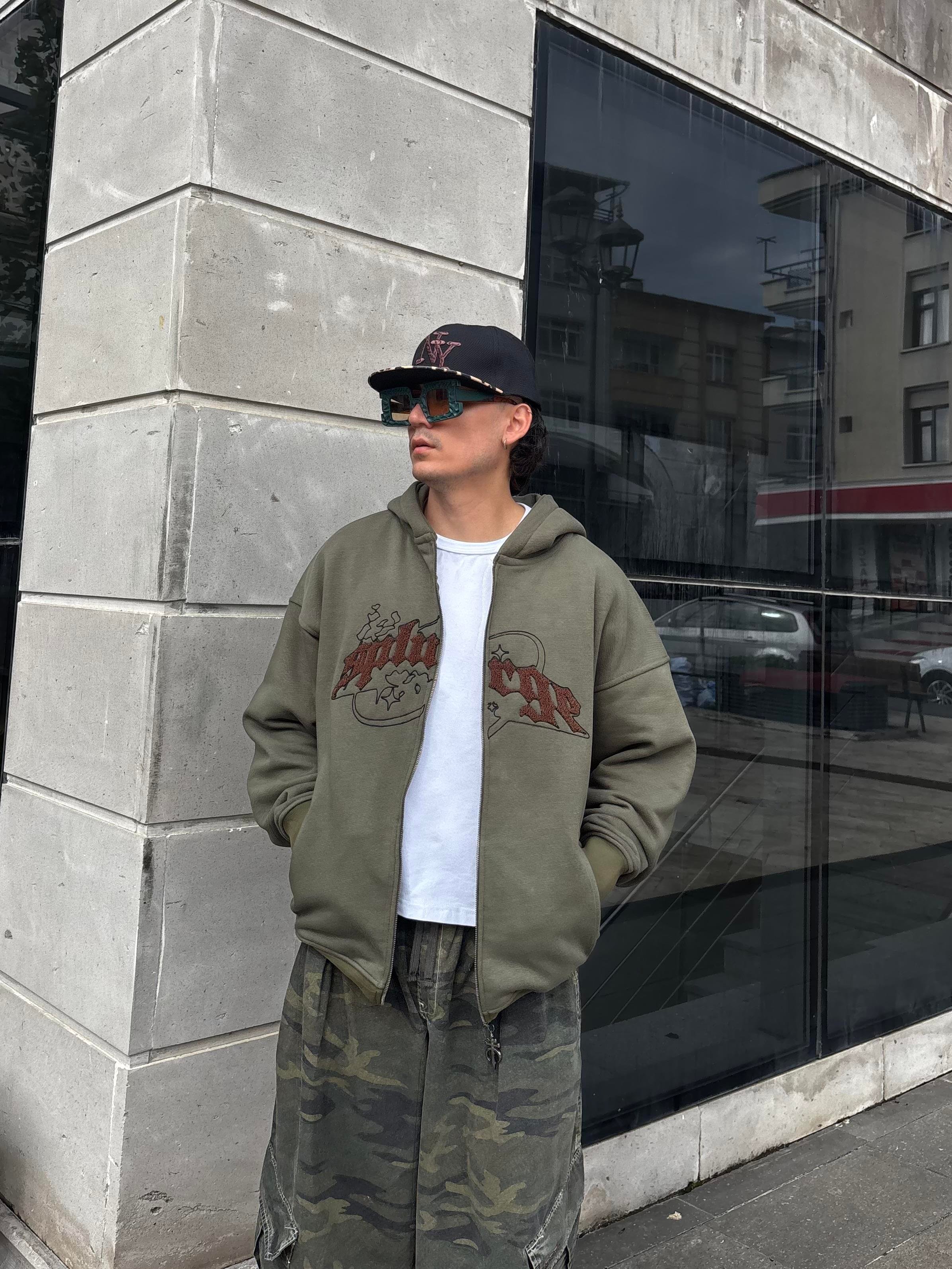 Premium Haki TP Nakışlı Zipper Oversized Hoodie  (matt-0001168)
