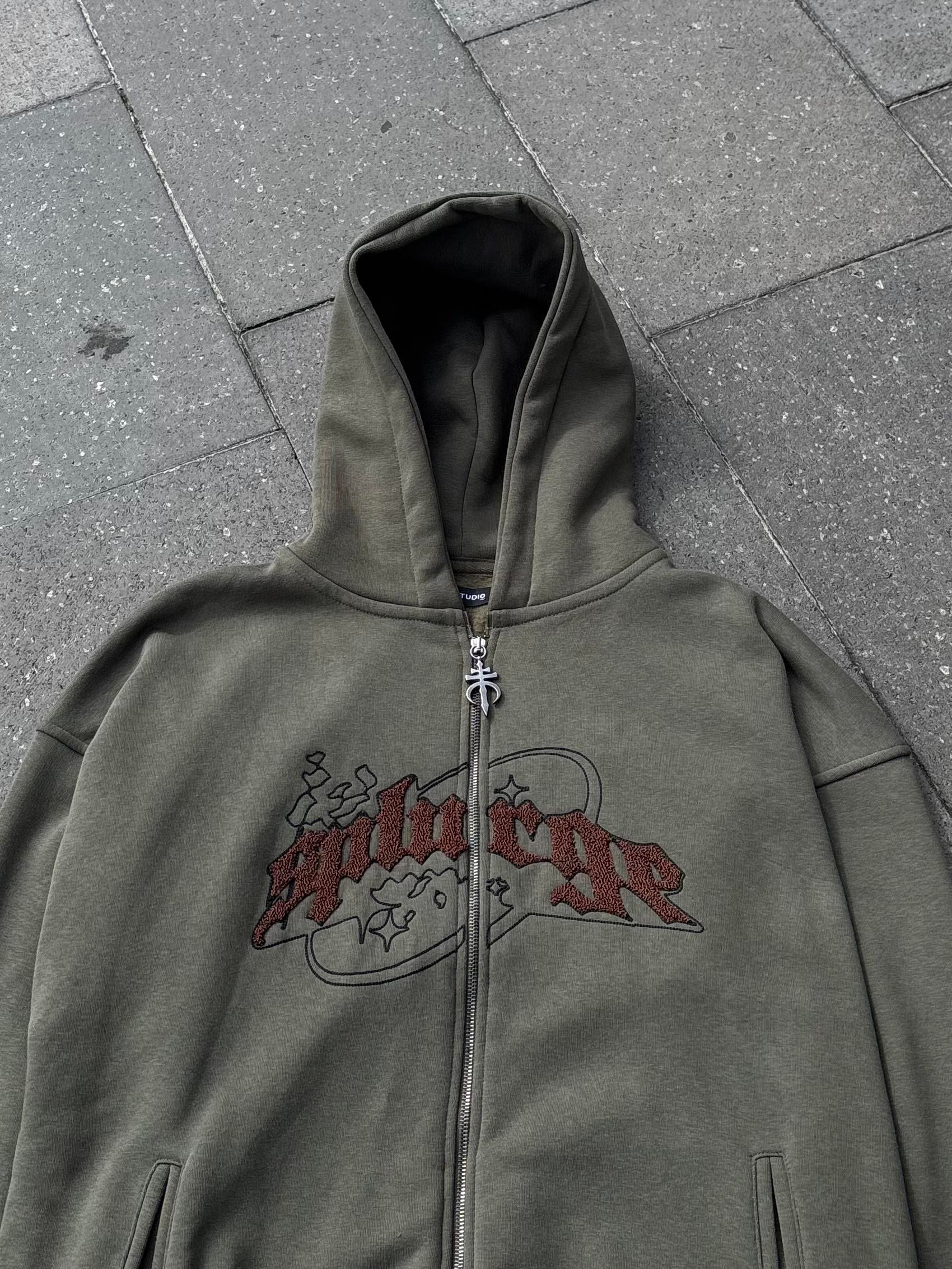 Premium Haki TP Nakışlı Zipper Oversized Hoodie  (matt-0001168)