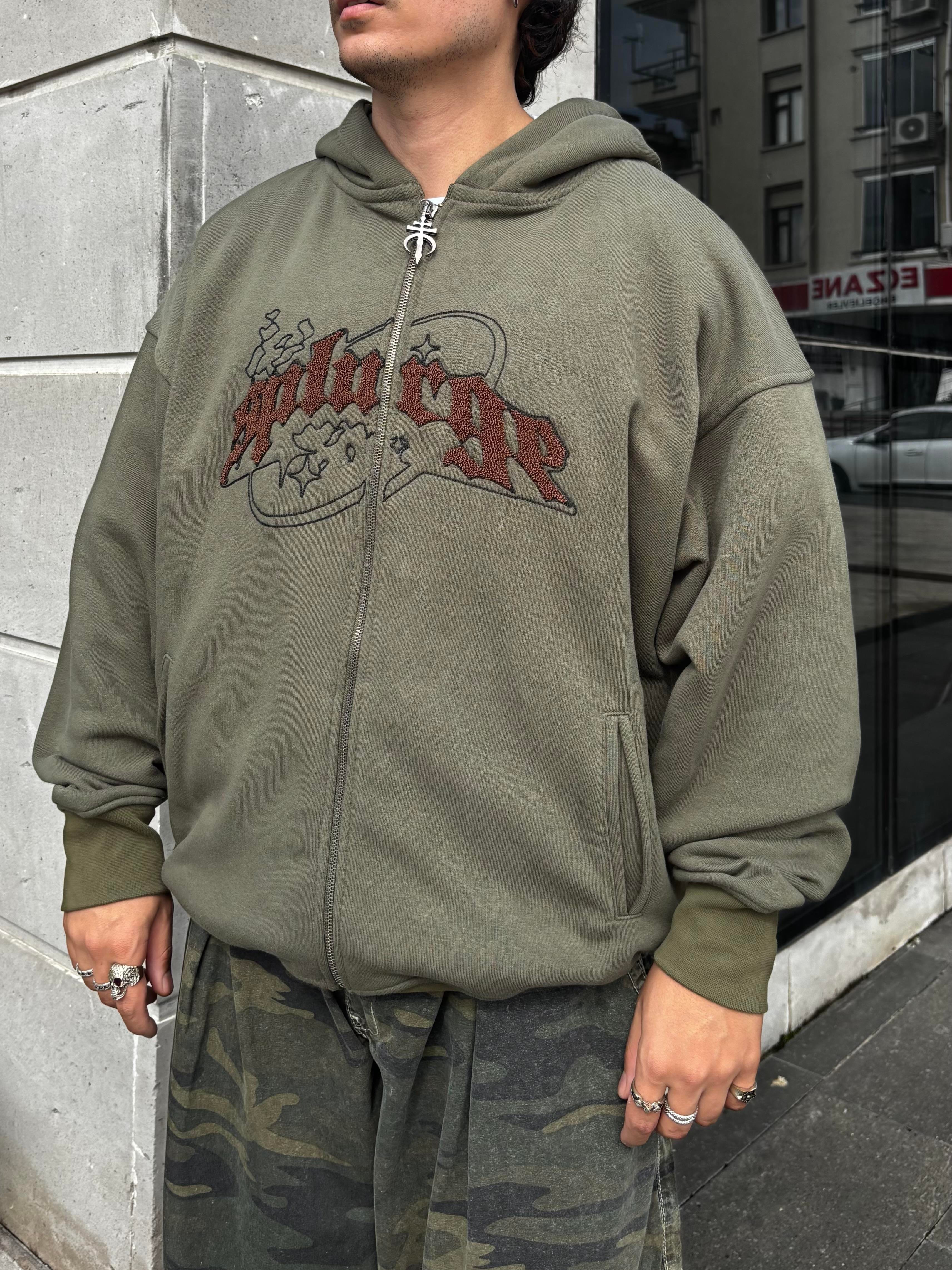 Premium Haki TP Nakışlı Zipper Oversized Hoodie  (matt-0001168)