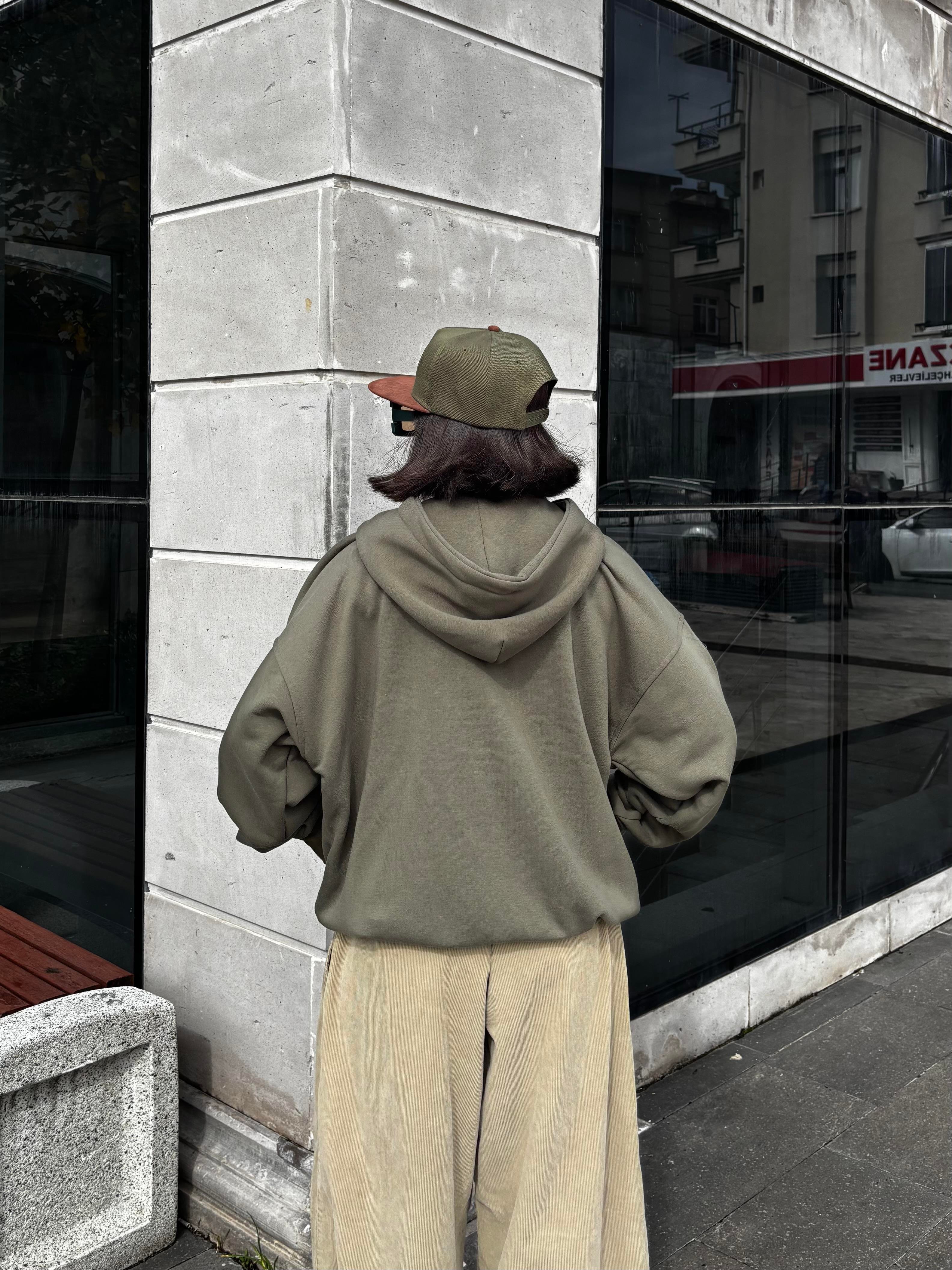Premium Haki TP Nakışlı Zipper Oversized Hoodie  (matt-0001168)