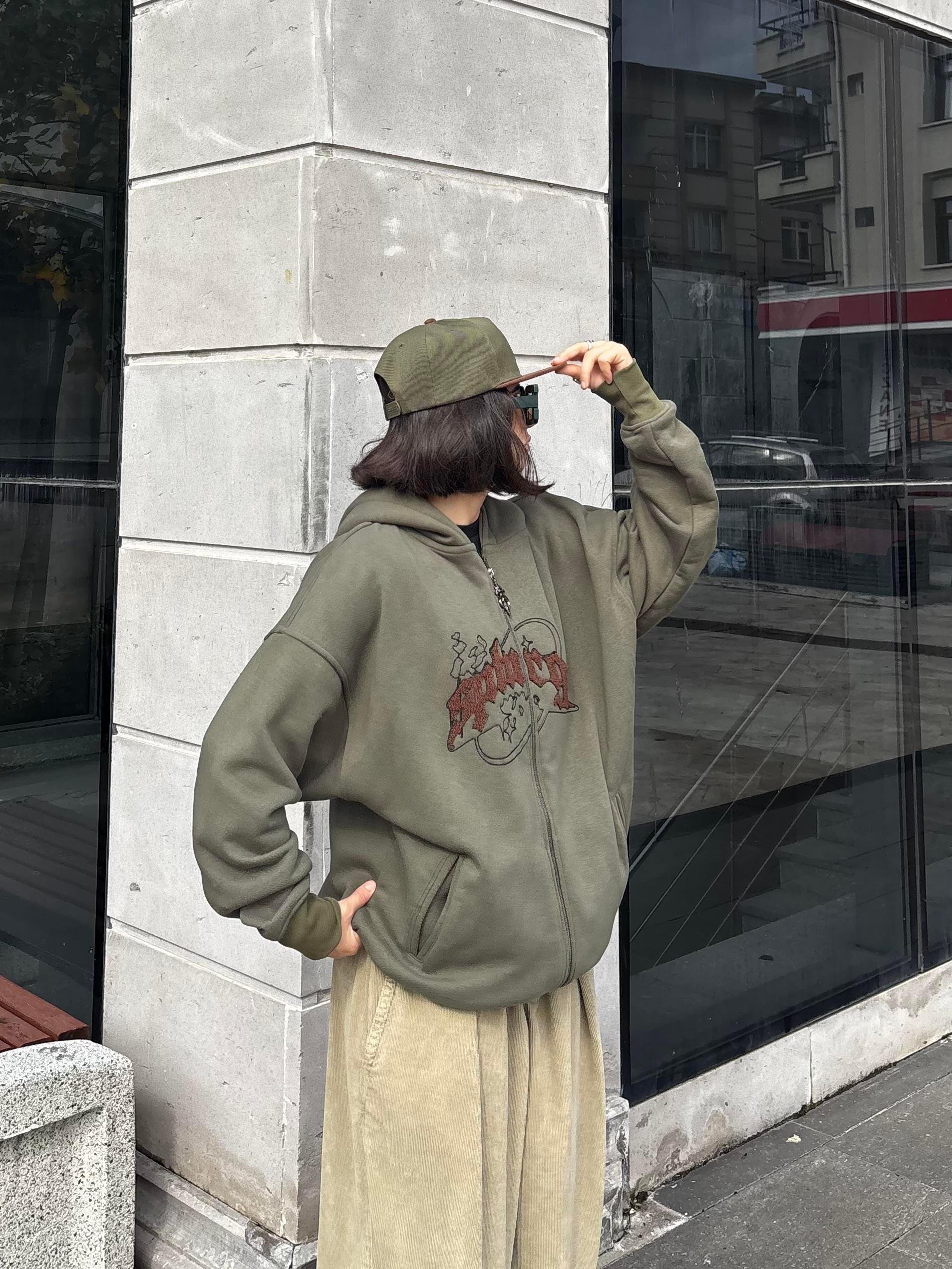 Premium Haki TP Nakışlı Zipper Oversized Hoodie  (matt-0001168)