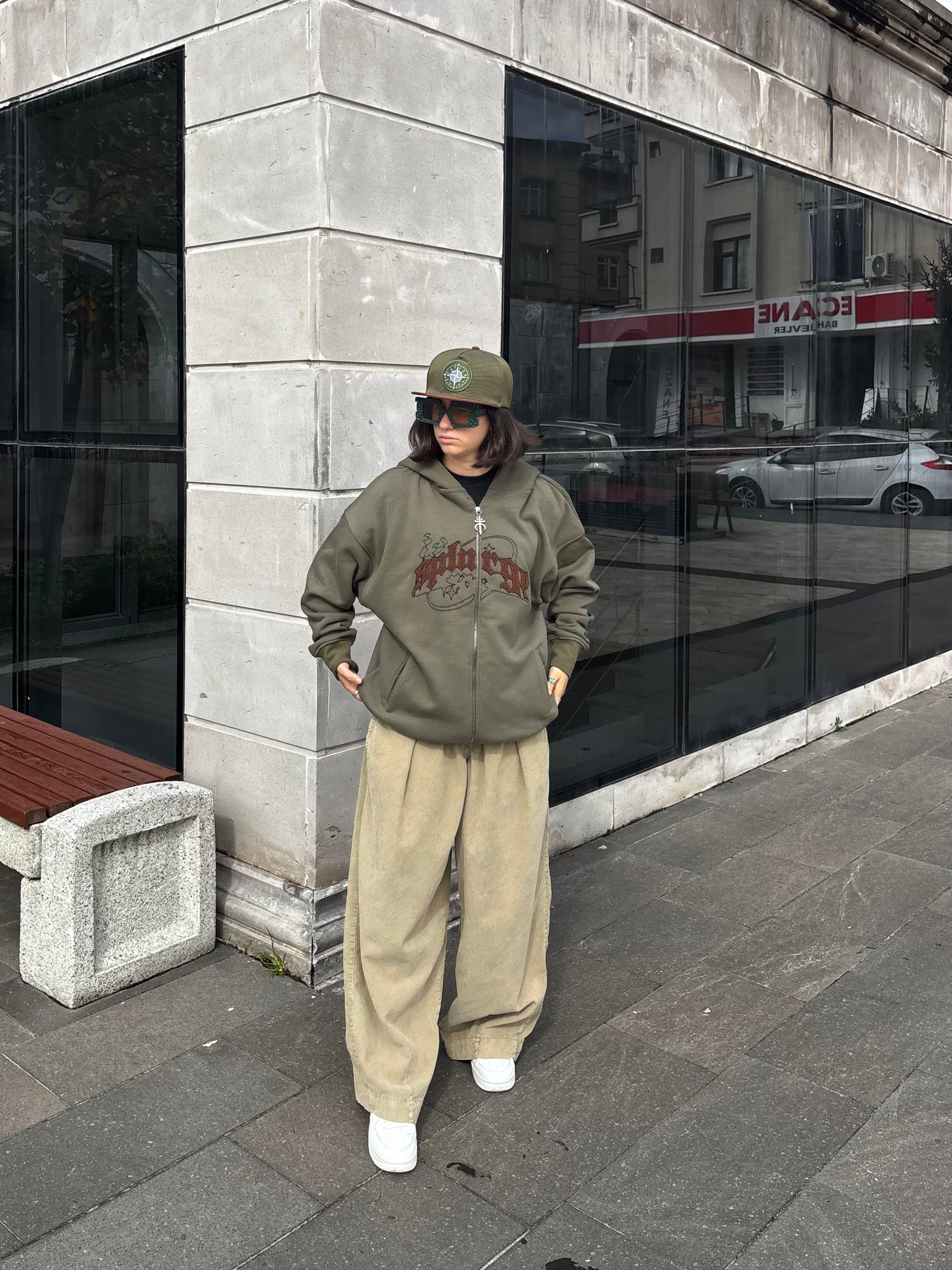 Premium Haki TP Nakışlı Zipper Oversized Hoodie  (matt-0001168)