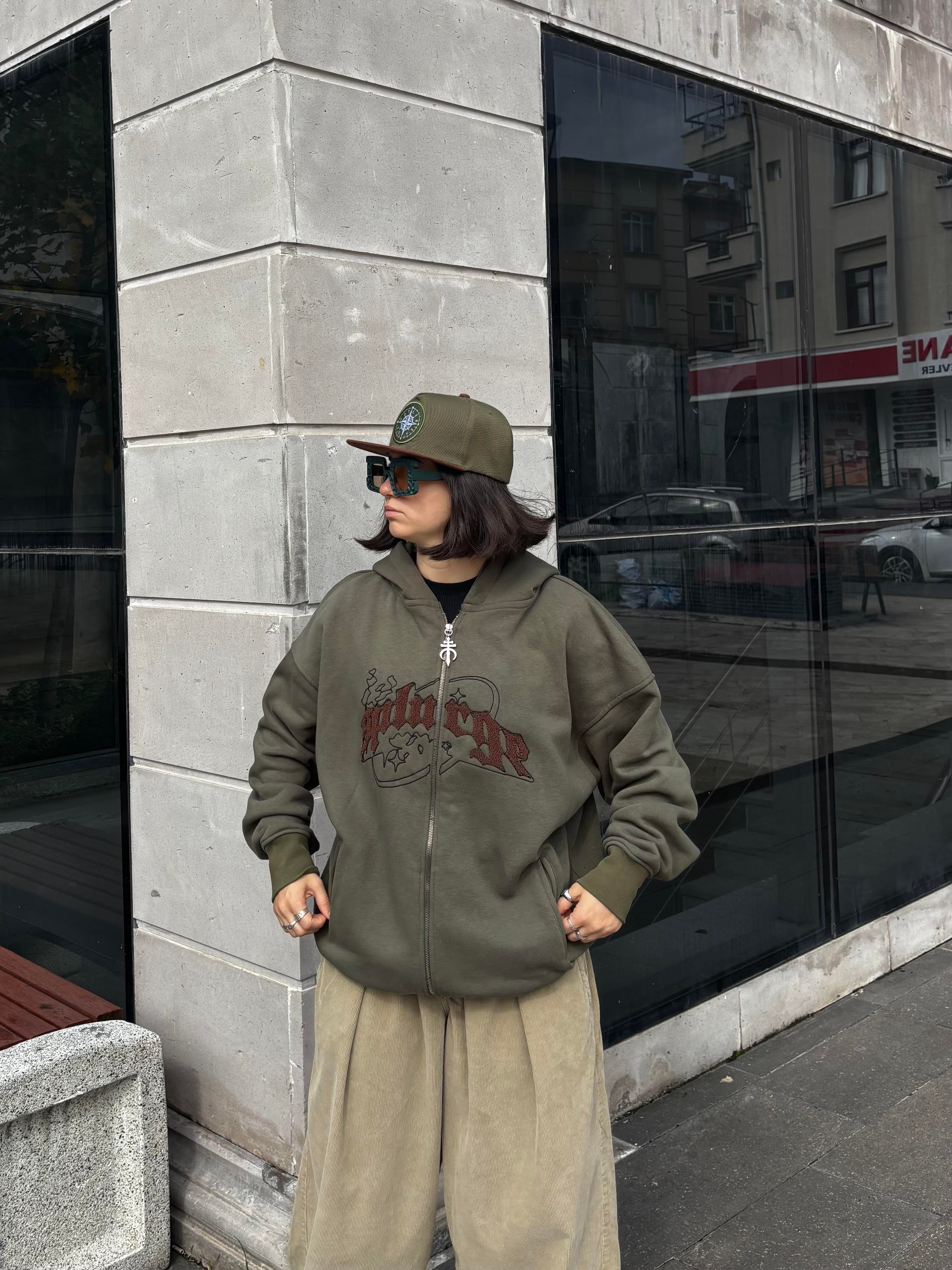 Premium Haki TP Nakışlı Zipper Oversized Hoodie  (matt-0001168)