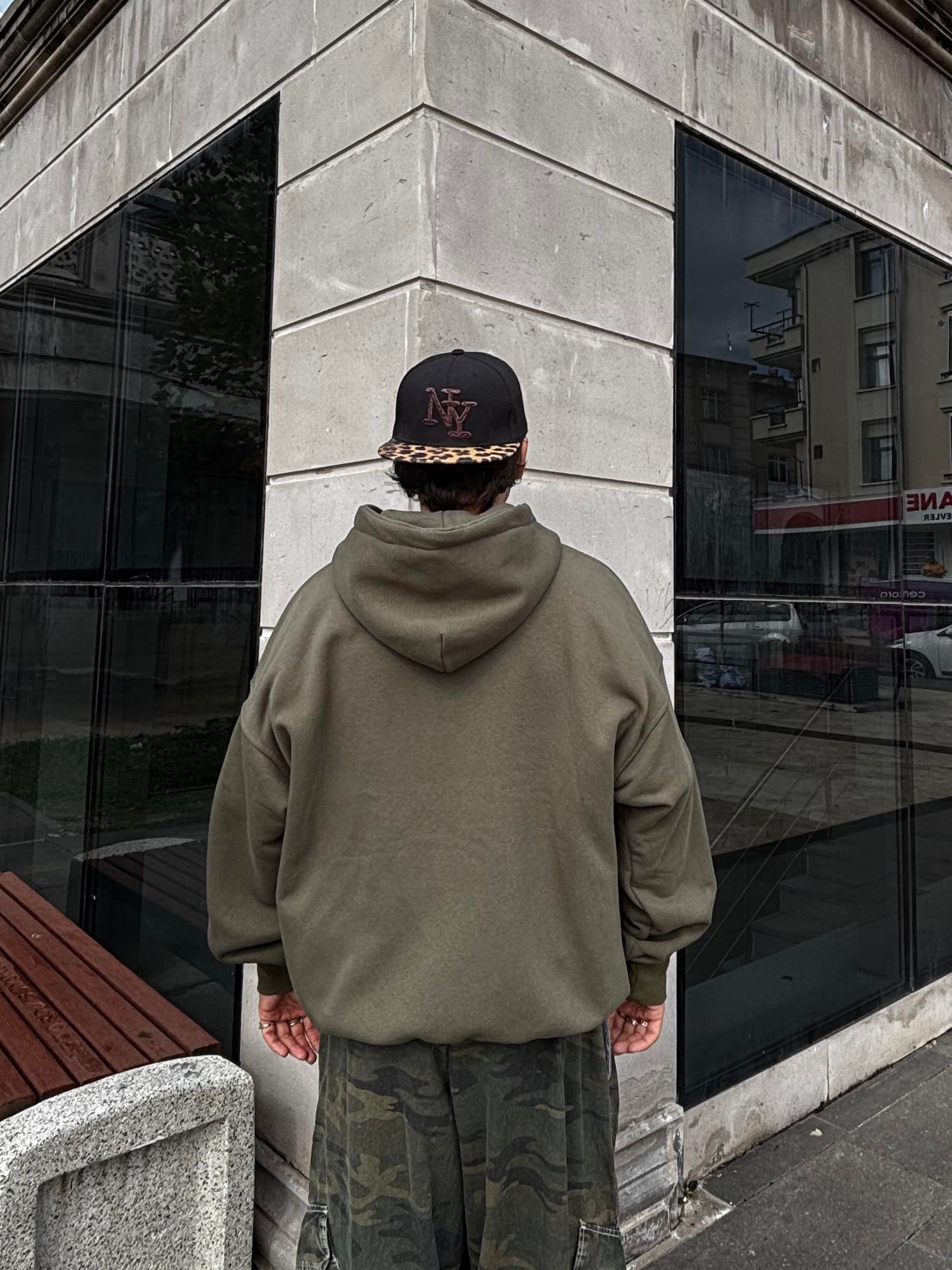 Premium Haki TP Nakışlı Zipper Oversized Hoodie  (matt-0001168)