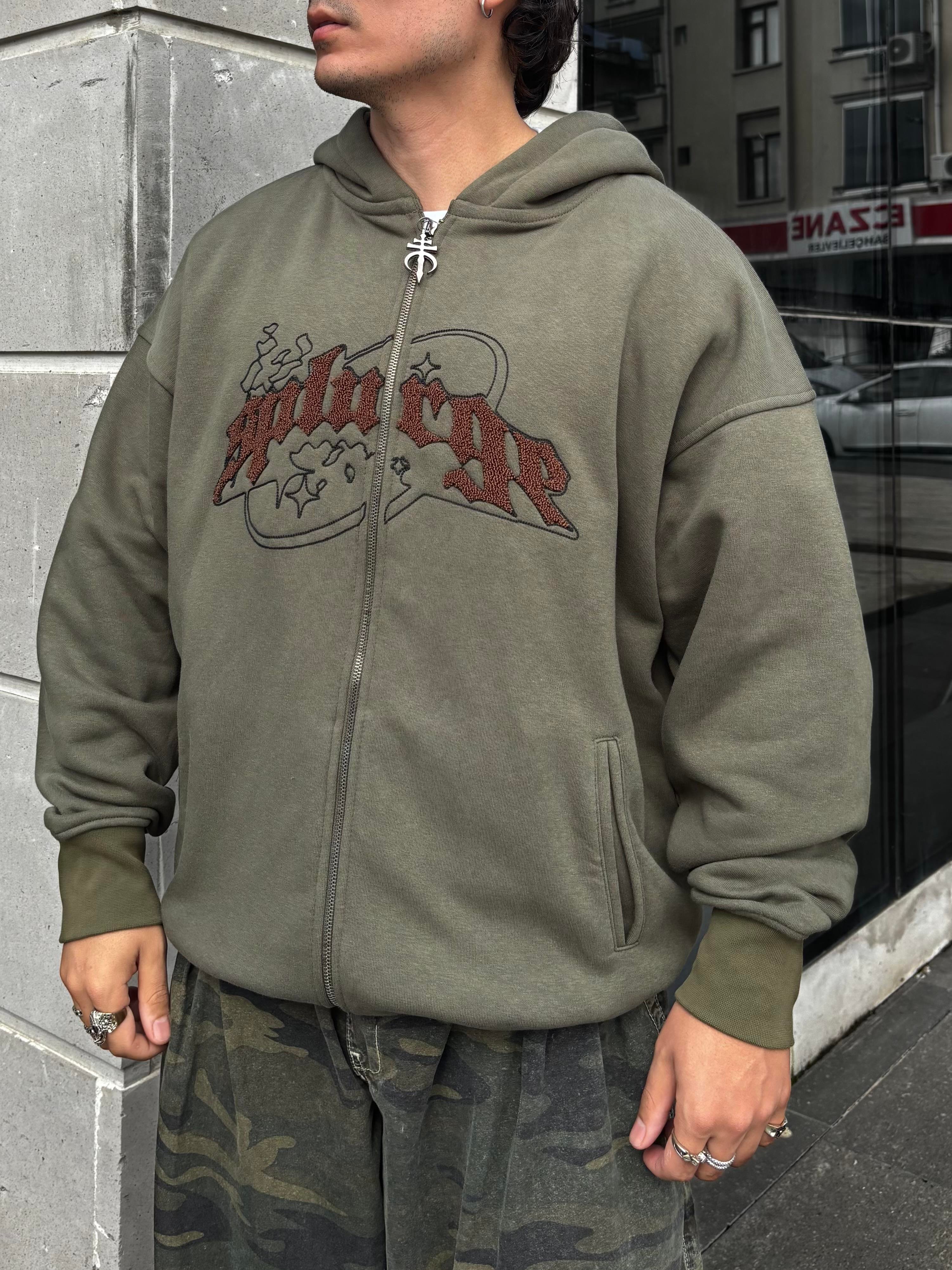 Premium Haki TP Nakışlı Zipper Oversized Hoodie  (matt-0001168)