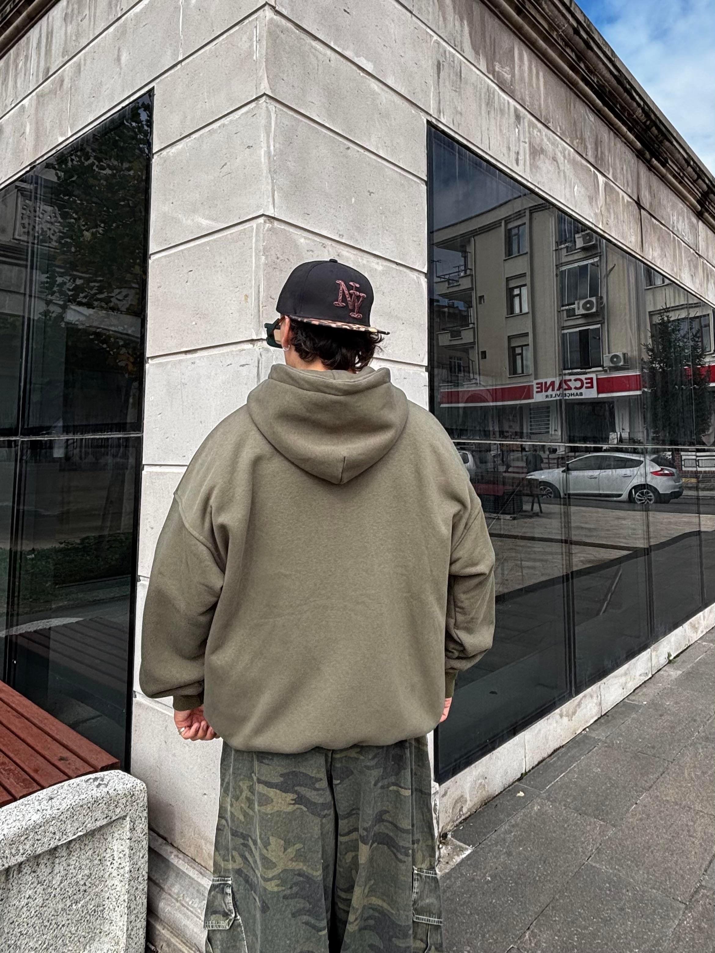 Premium Haki TP Nakışlı Zipper Oversized Hoodie  (matt-0001168)