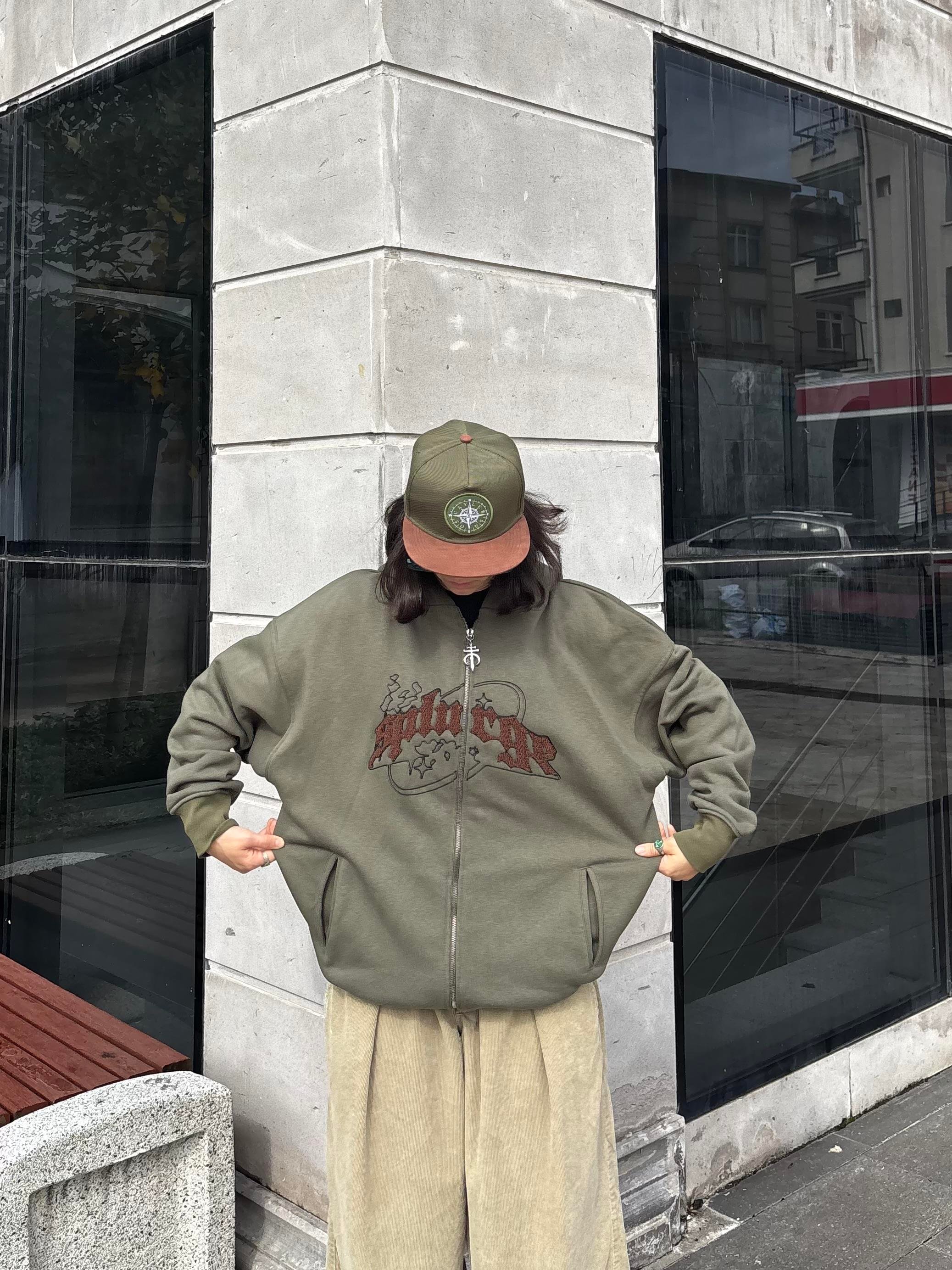 Premium Haki TP Nakışlı Zipper Oversized Hoodie  (matt-0001168)