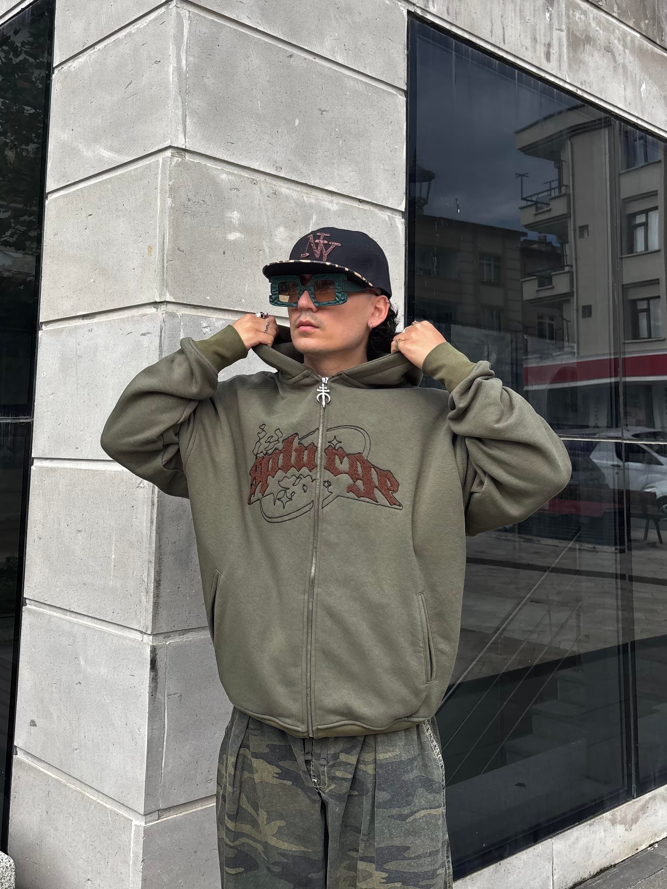 Premium Haki TP Nakışlı Zipper Oversized Hoodie  (matt-0001168)