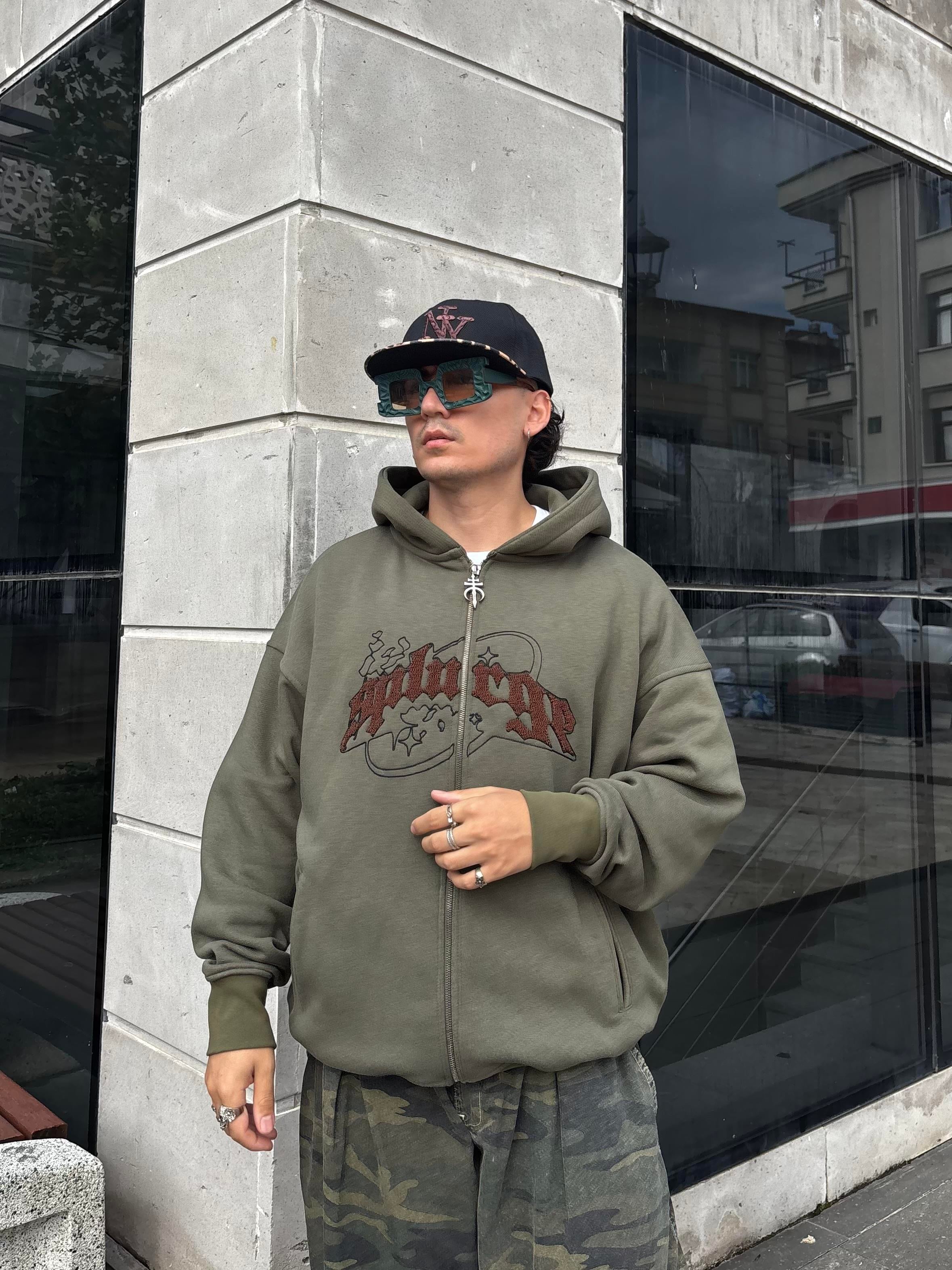 Premium Haki TP Nakışlı Zipper Oversized Hoodie  (matt-0001168)