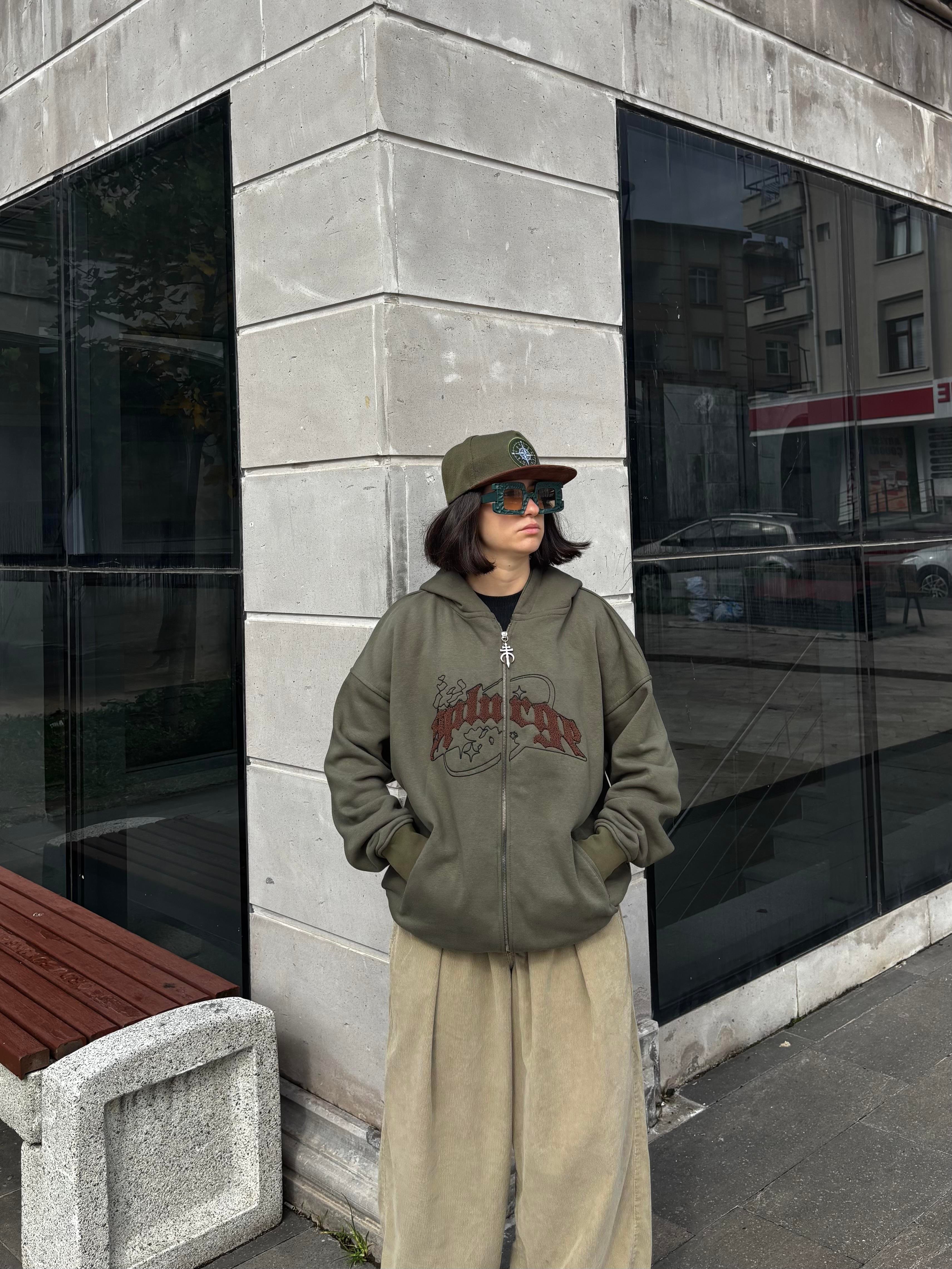 Premium Haki TP Nakışlı Zipper Oversized Hoodie  (matt-0001168)