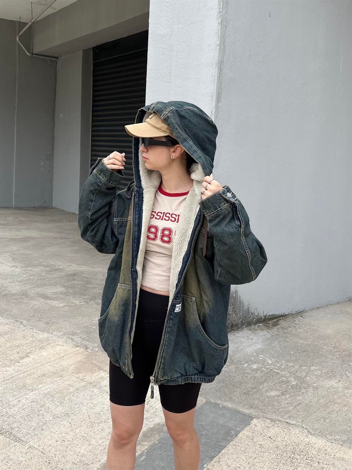 Premium Kapşonlu Recycled Denim Jacket