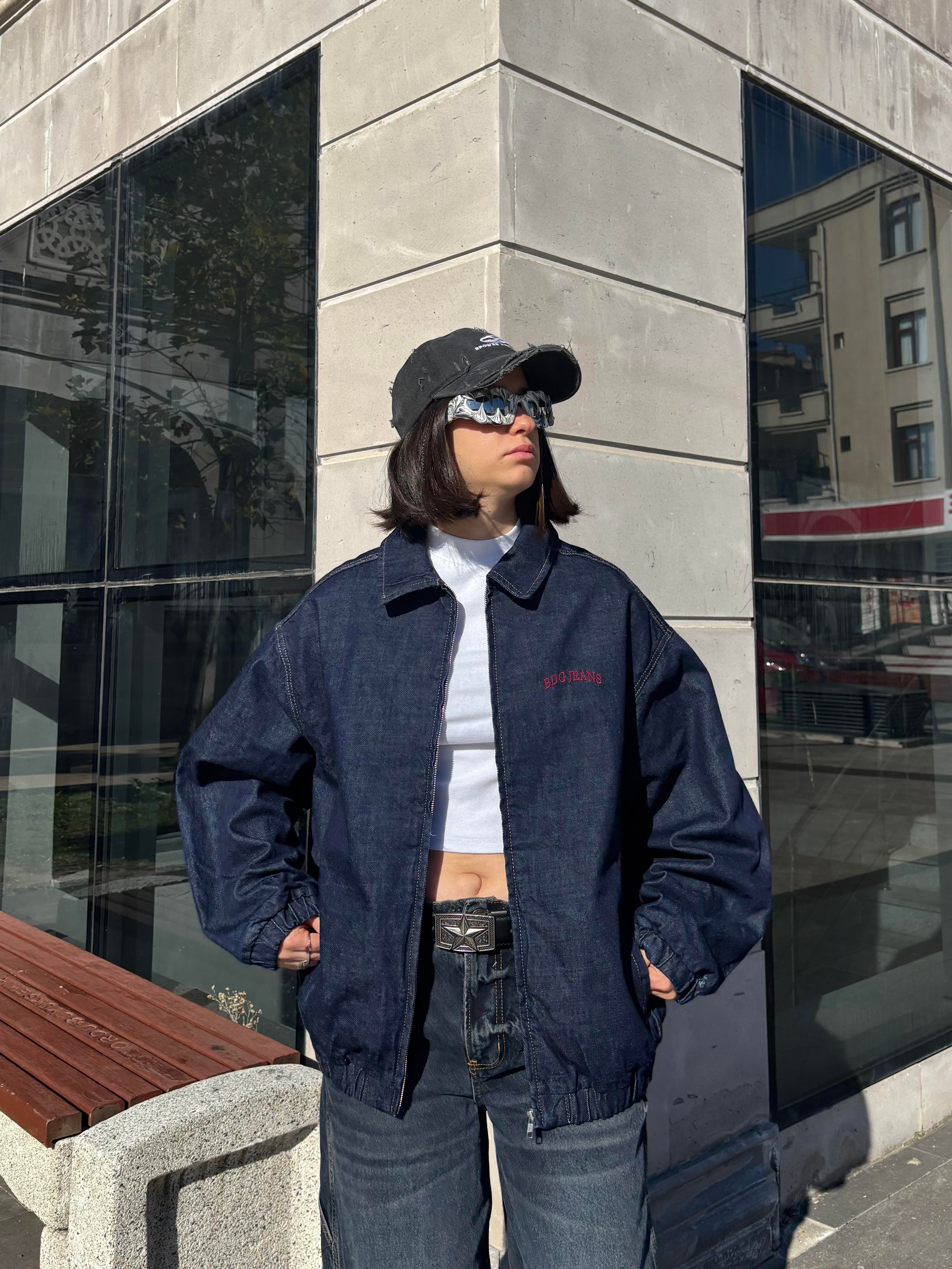 Premium Navy Blue Rinse Harrington Bomber Denim Jacket2
