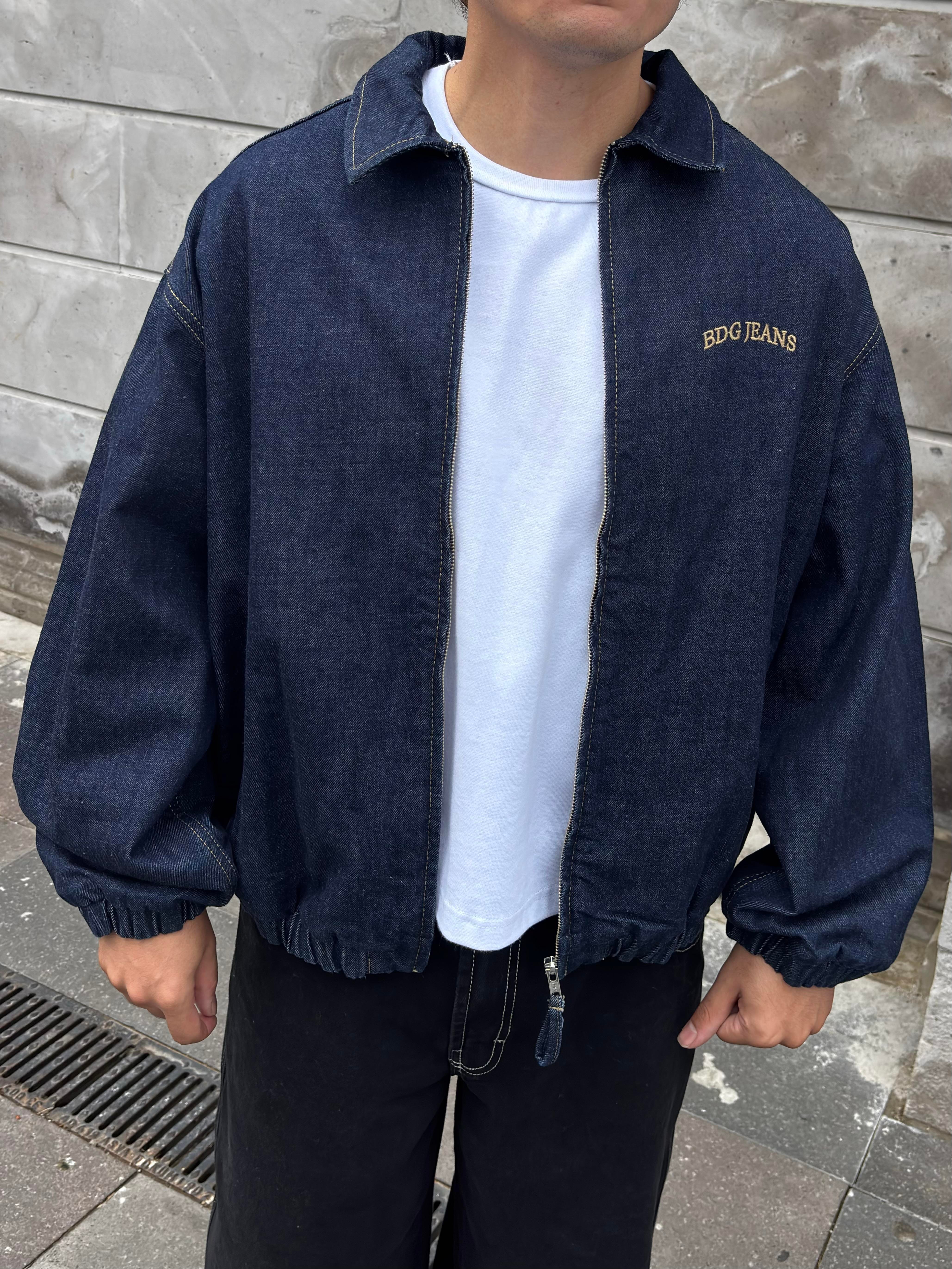 Premium Navy Blue Rinse Harrington  Bomber Denim Jacket 