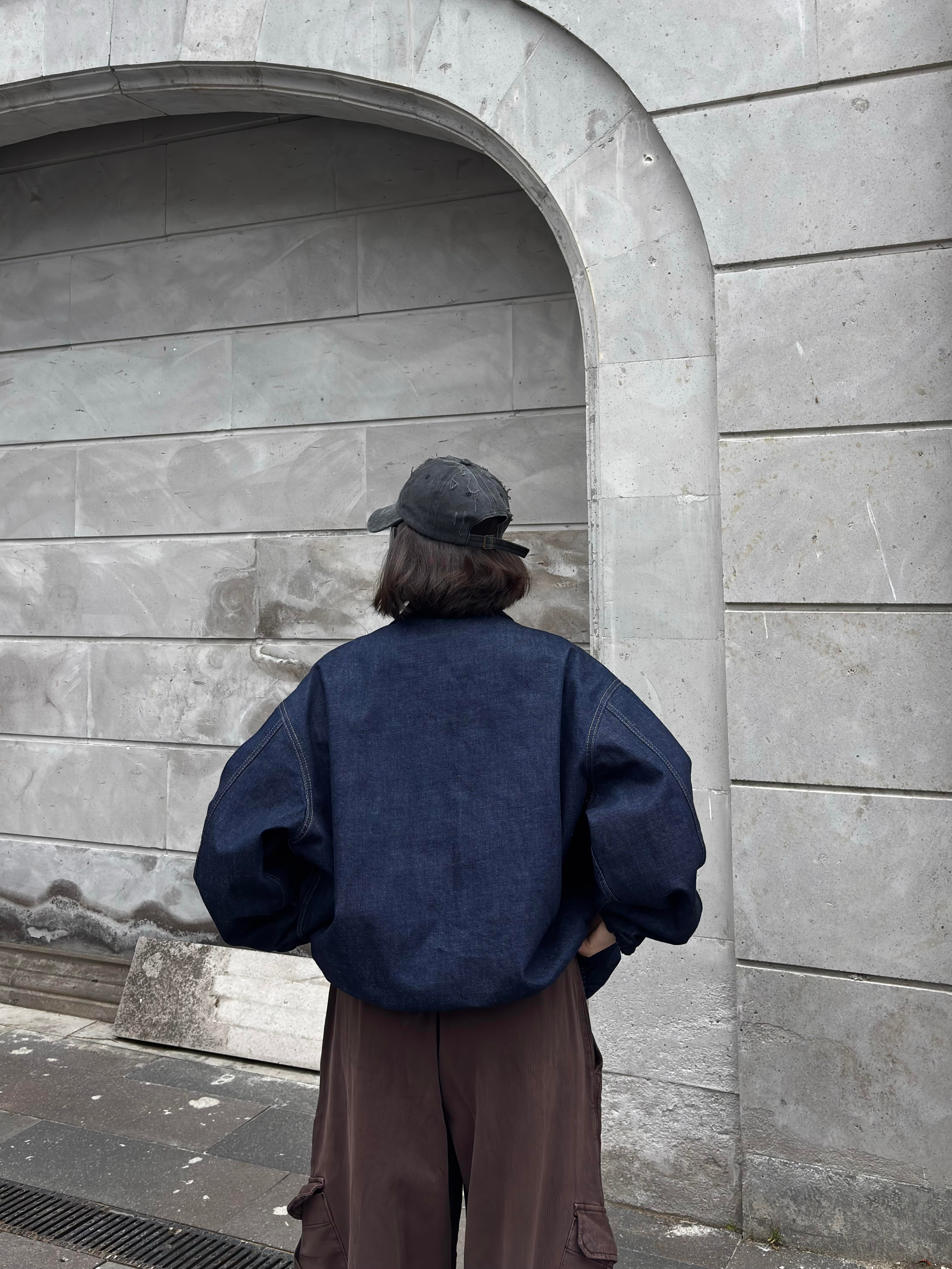 Premium Navy Blue Rinse Harrington  Bomber Denim Jacket 