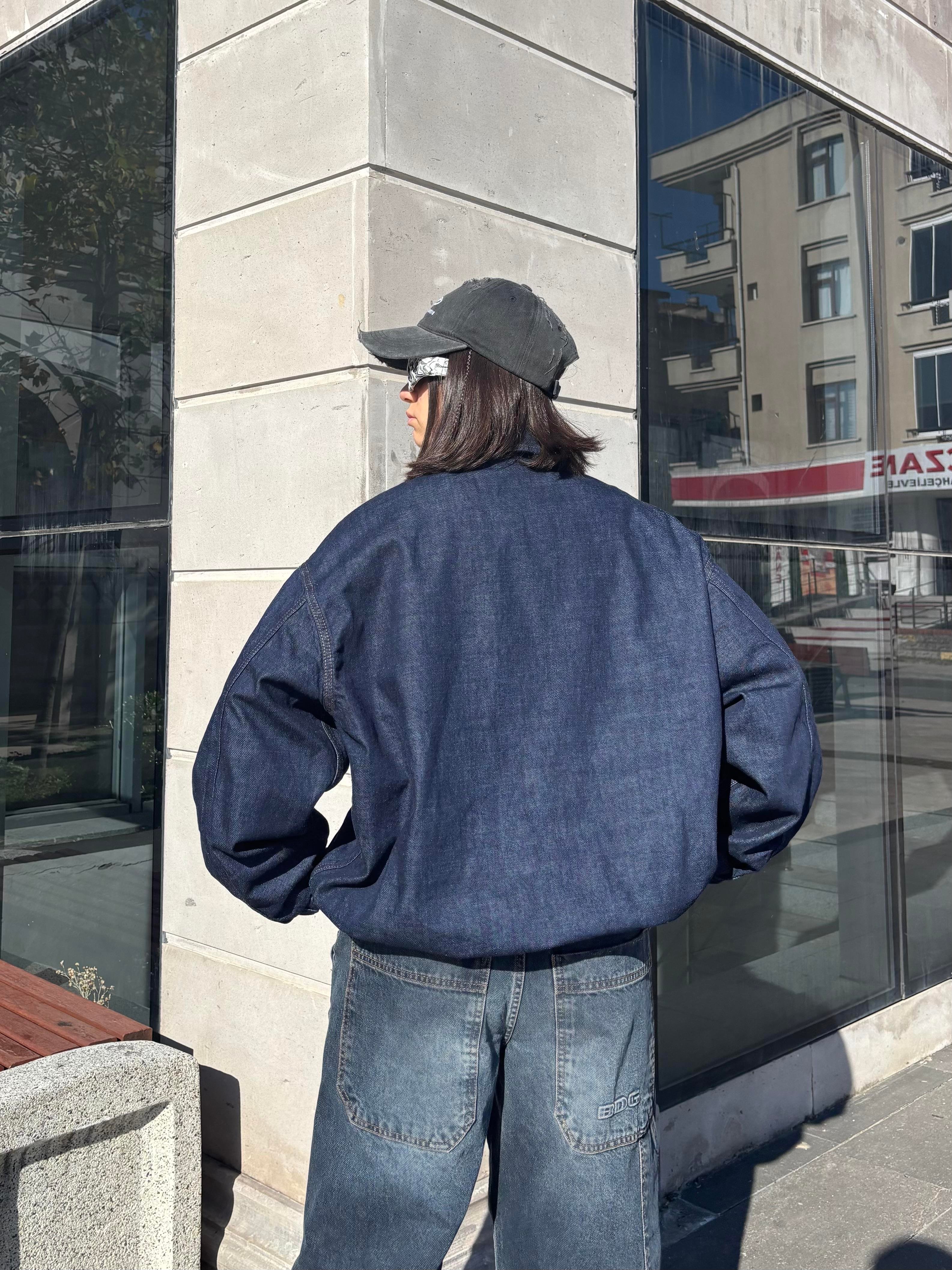 Premium Navy Blue Rinse Harrington Bomber Denim Jacket2