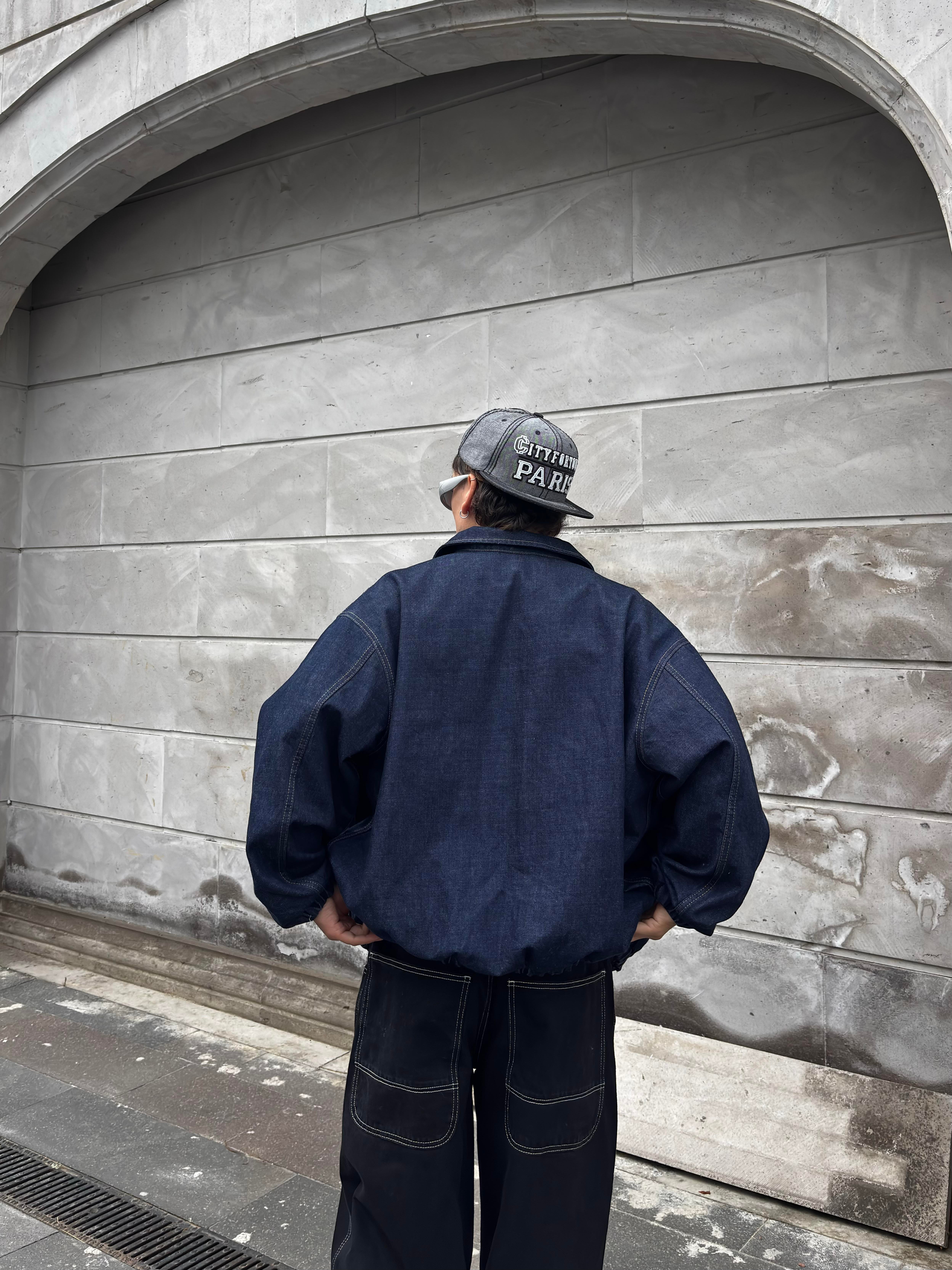 Premium Navy Blue Rinse Harrington  Bomber Denim Jacket 