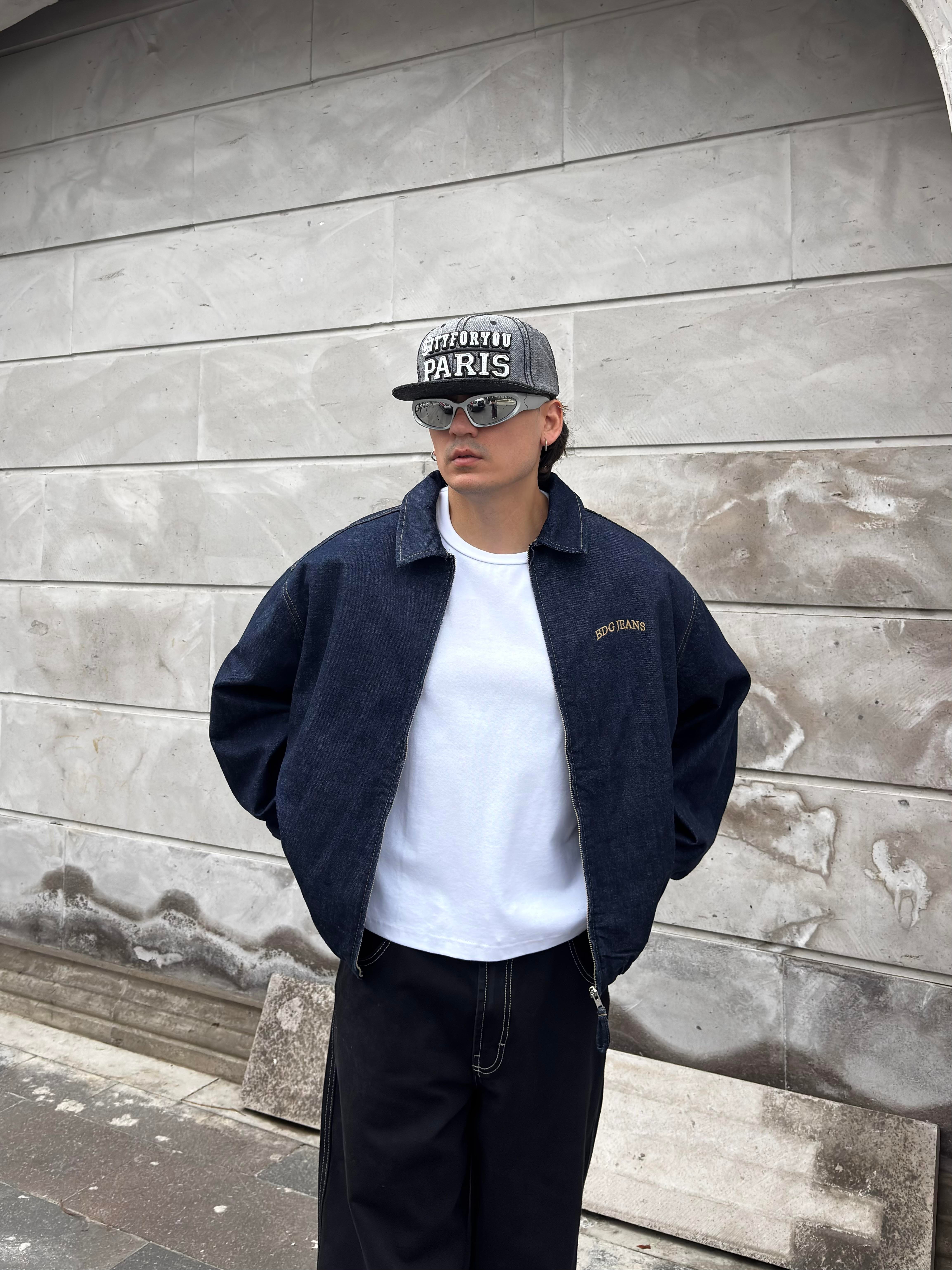 Premium Navy Blue Rinse Harrington  Bomber Denim Jacket 