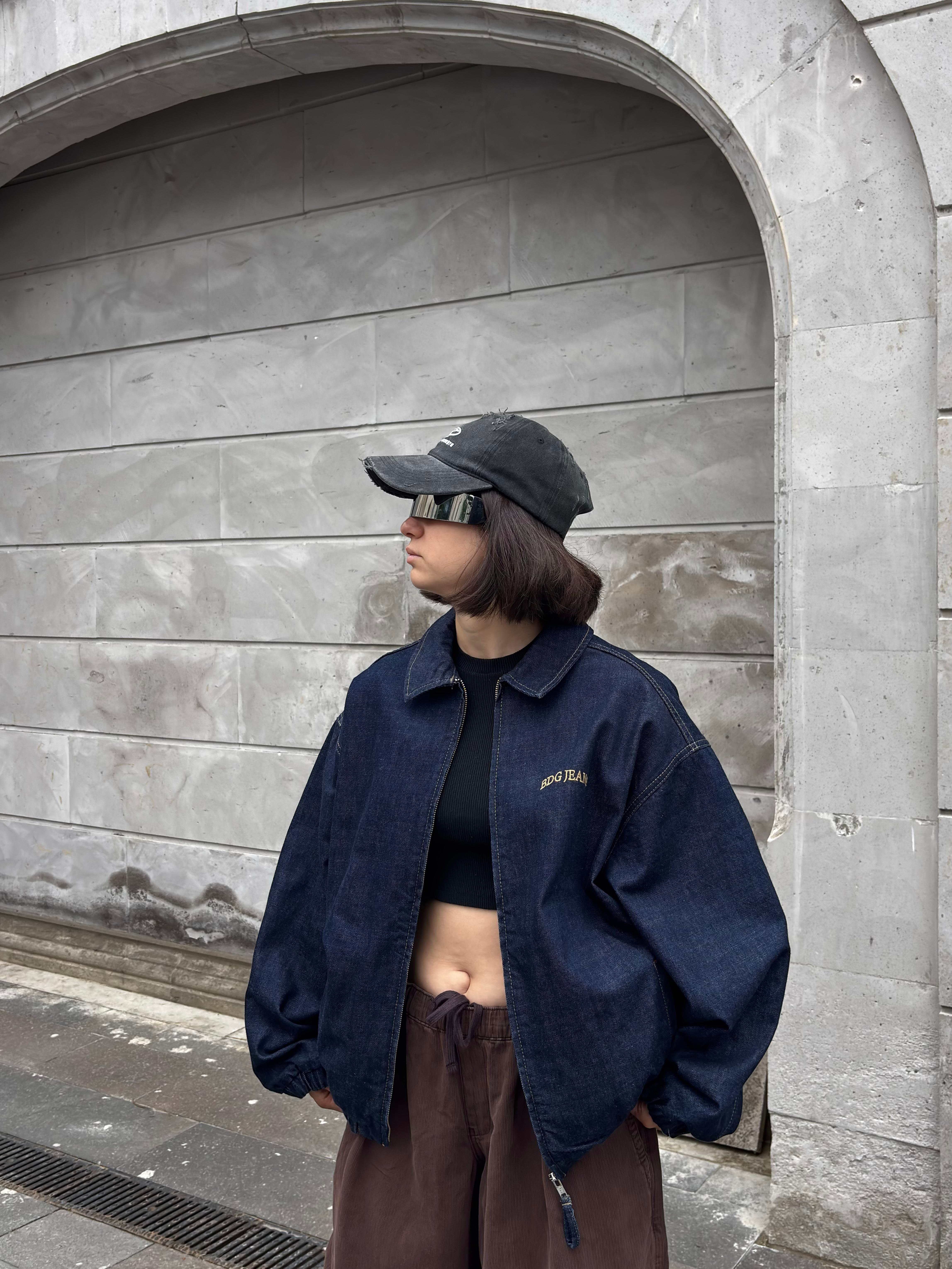 Premium Navy Blue Rinse Harrington  Bomber Denim Jacket 