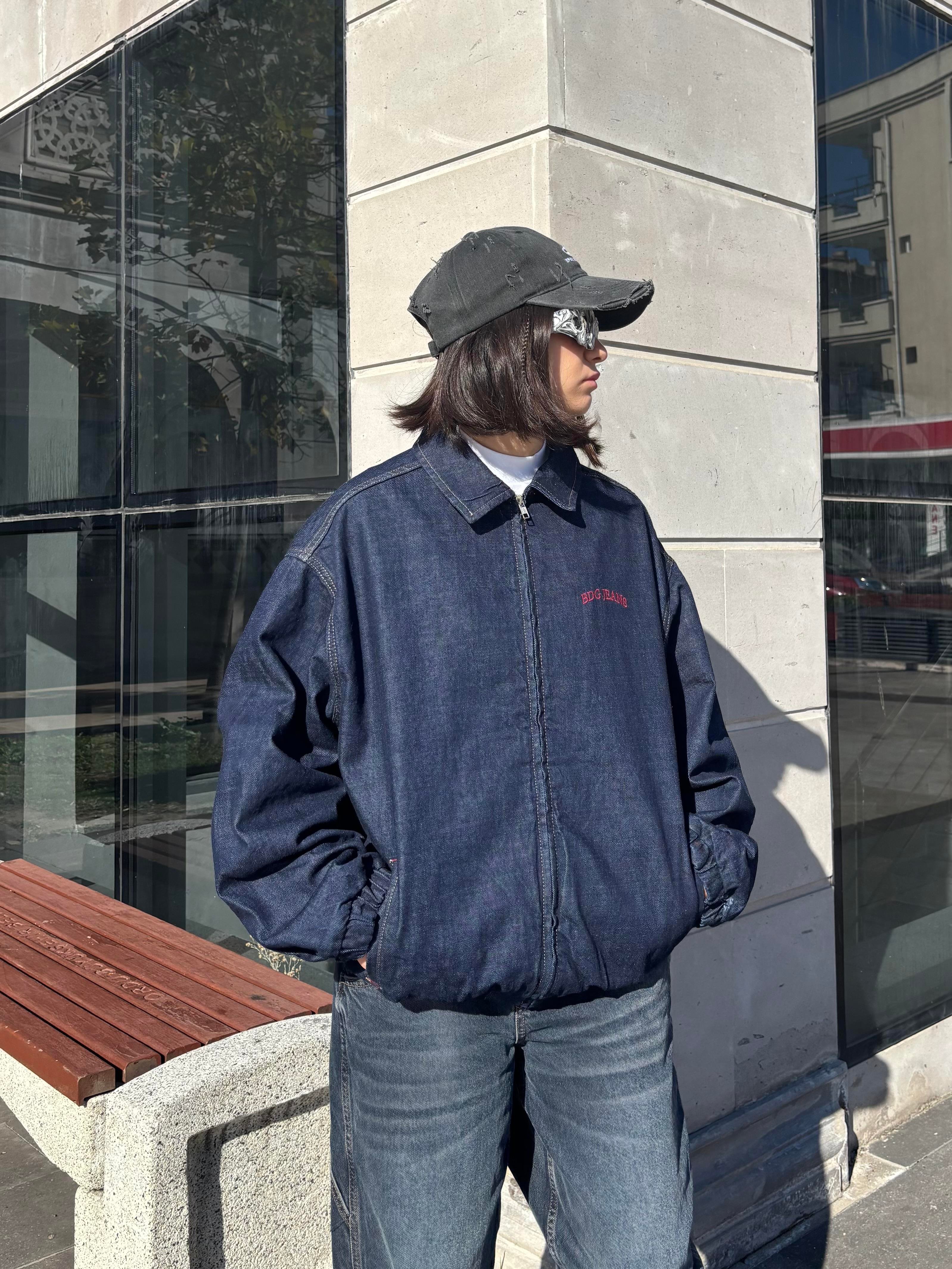 Premium Navy Blue Rinse Harrington Bomber Denim Jacket2