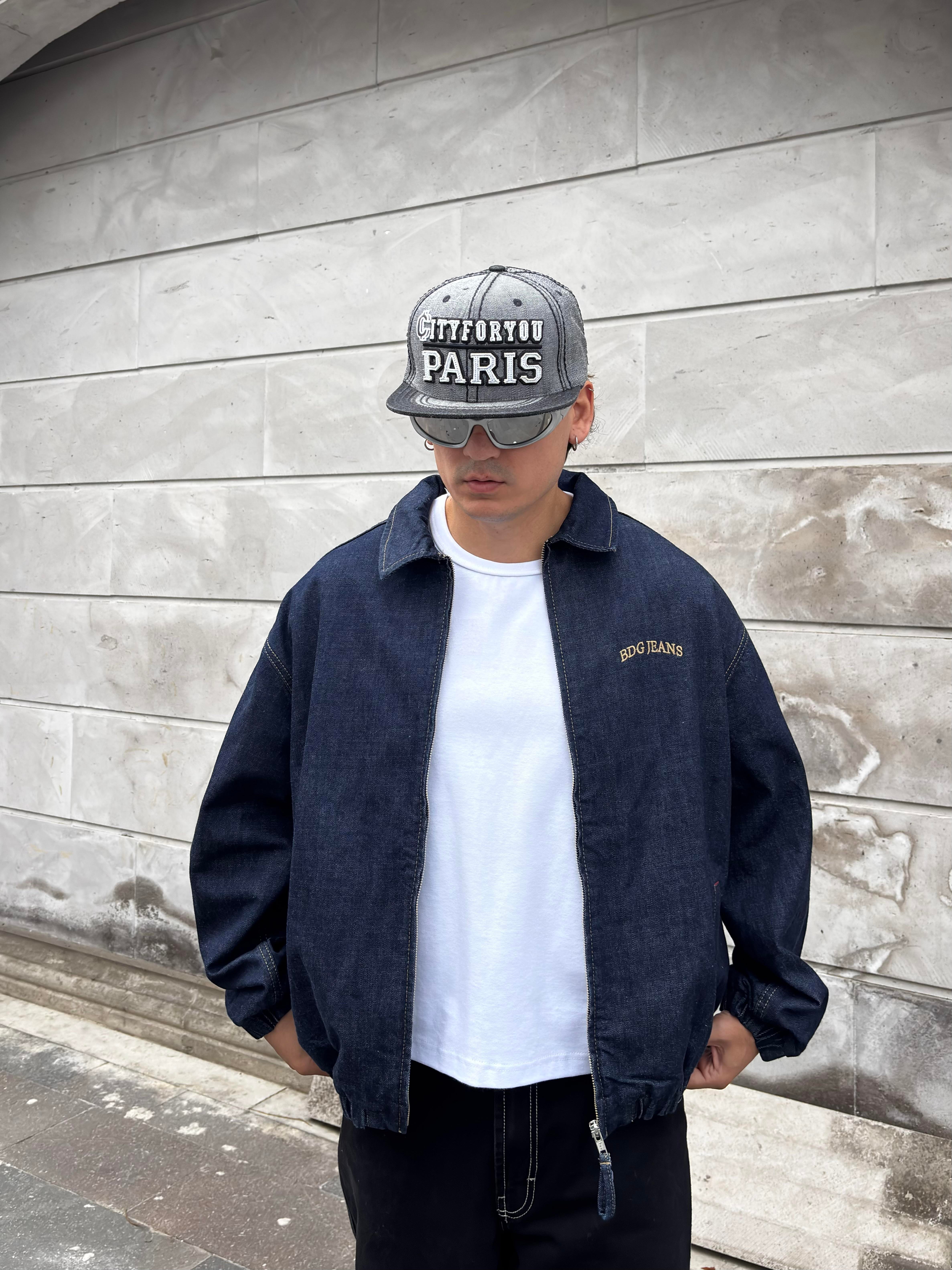 Premium Navy Blue Rinse Harrington  Bomber Denim Jacket 