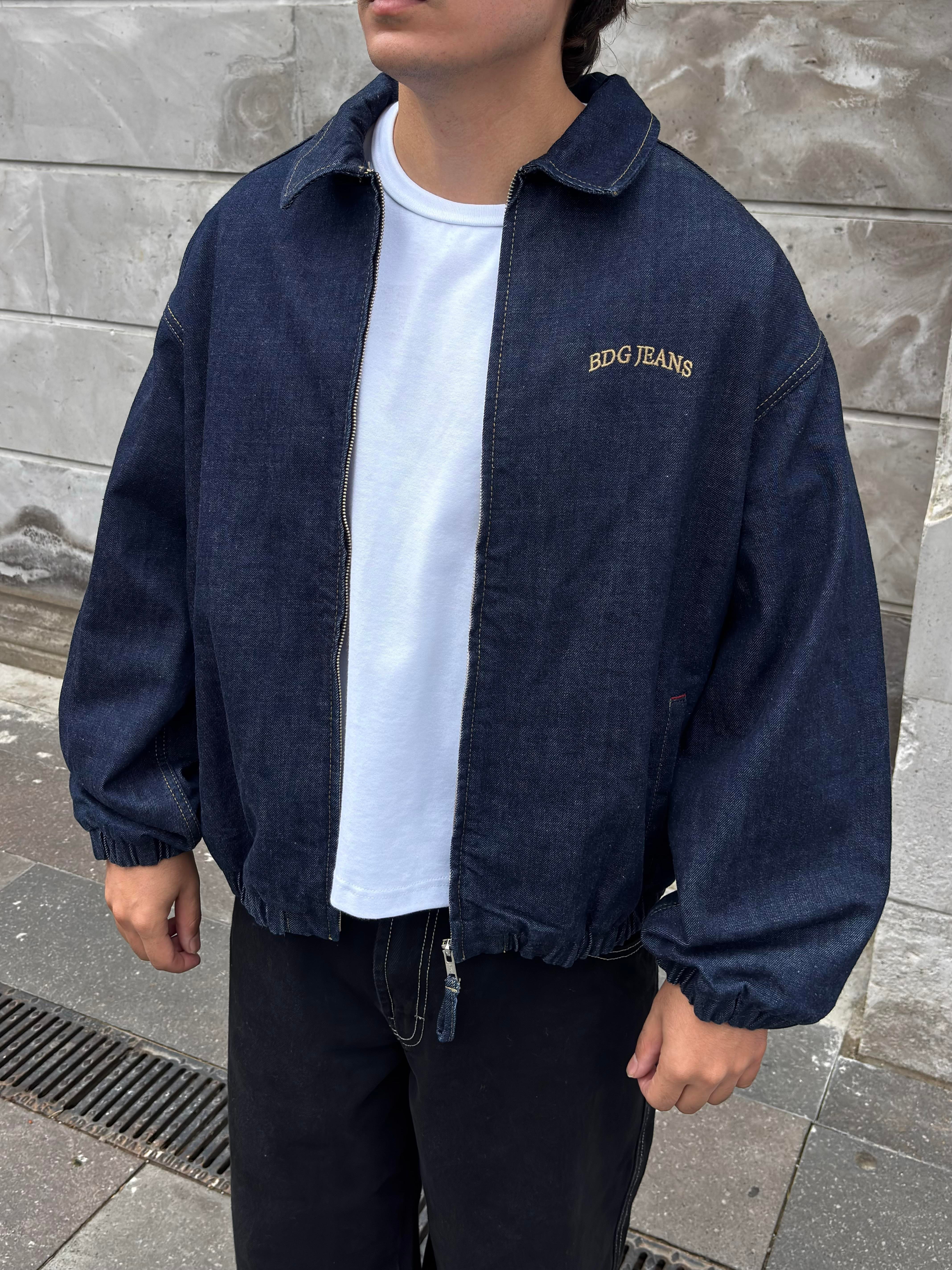 Premium Navy Blue Rinse Harrington  Bomber Denim Jacket 