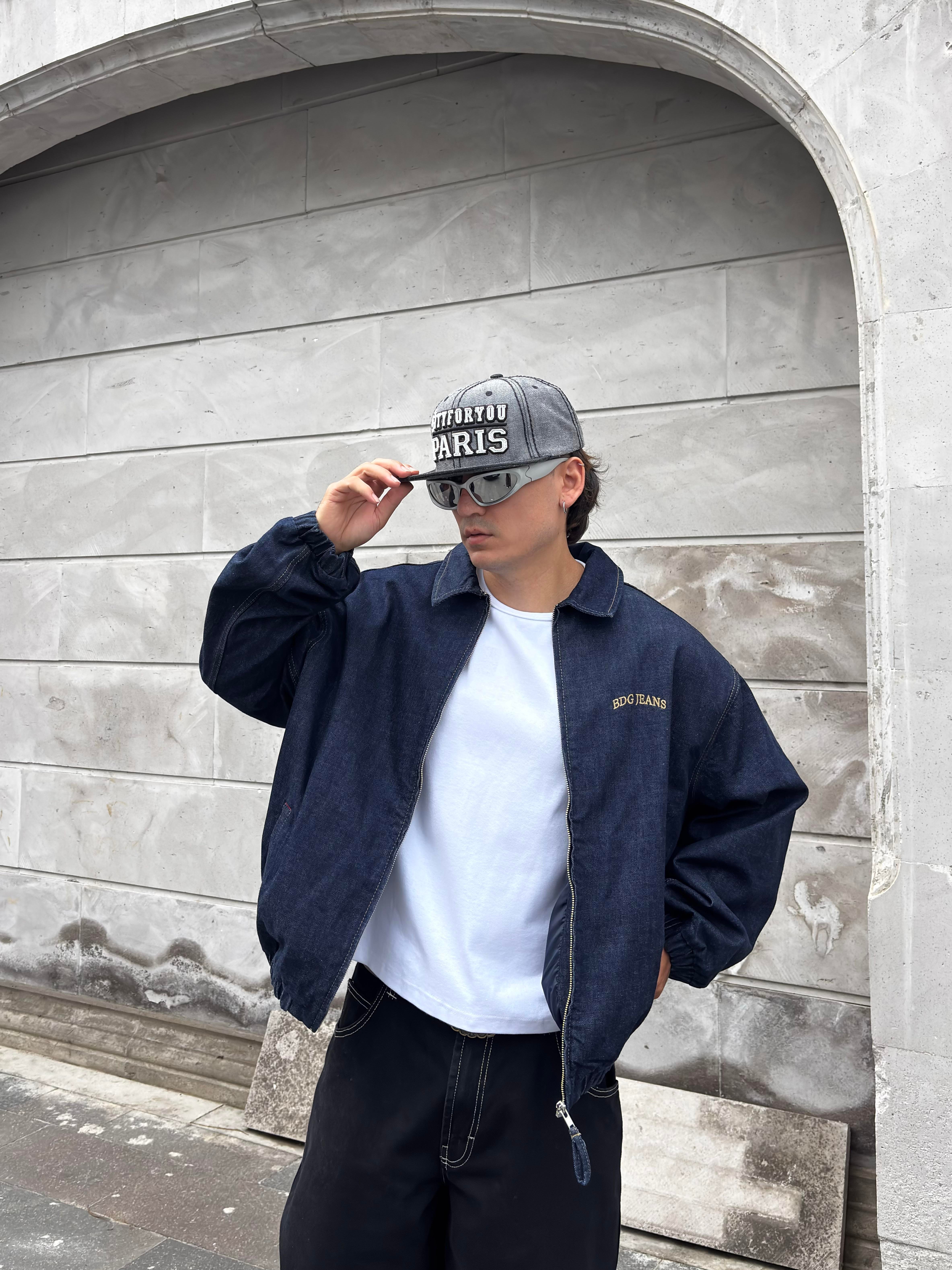 Premium Navy Blue Rinse Harrington  Bomber Denim Jacket 