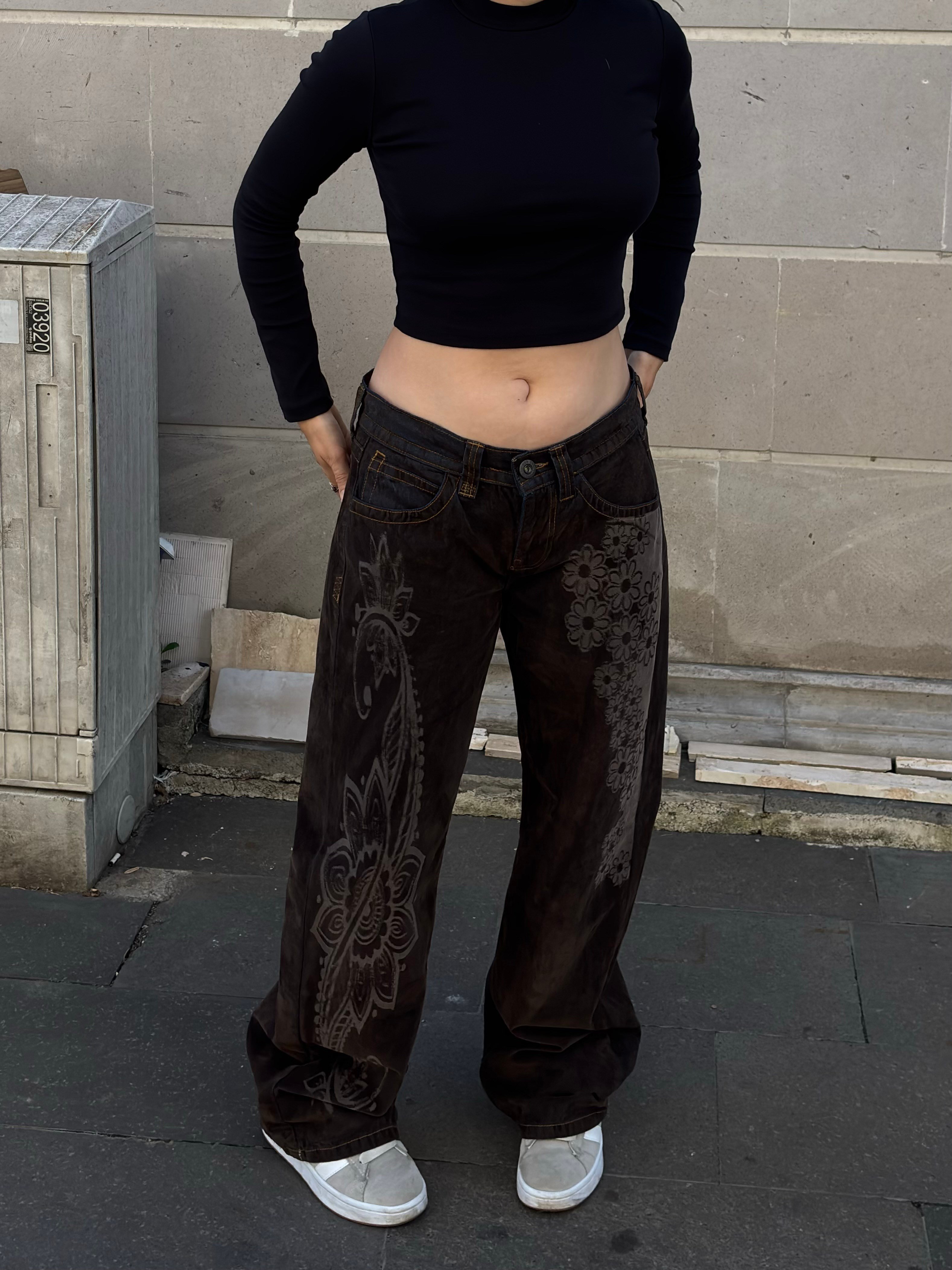 Premium Paisley Bloom Kadife Kaplama Düşük Bel Pants