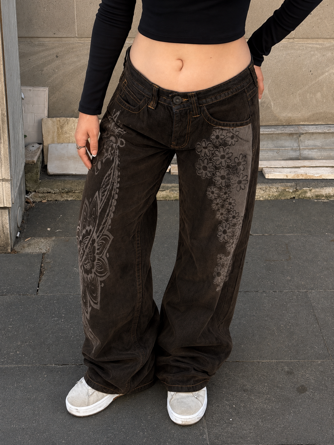 Premium Paisley Bloom Kadife Kaplama Düşük Bel Pants