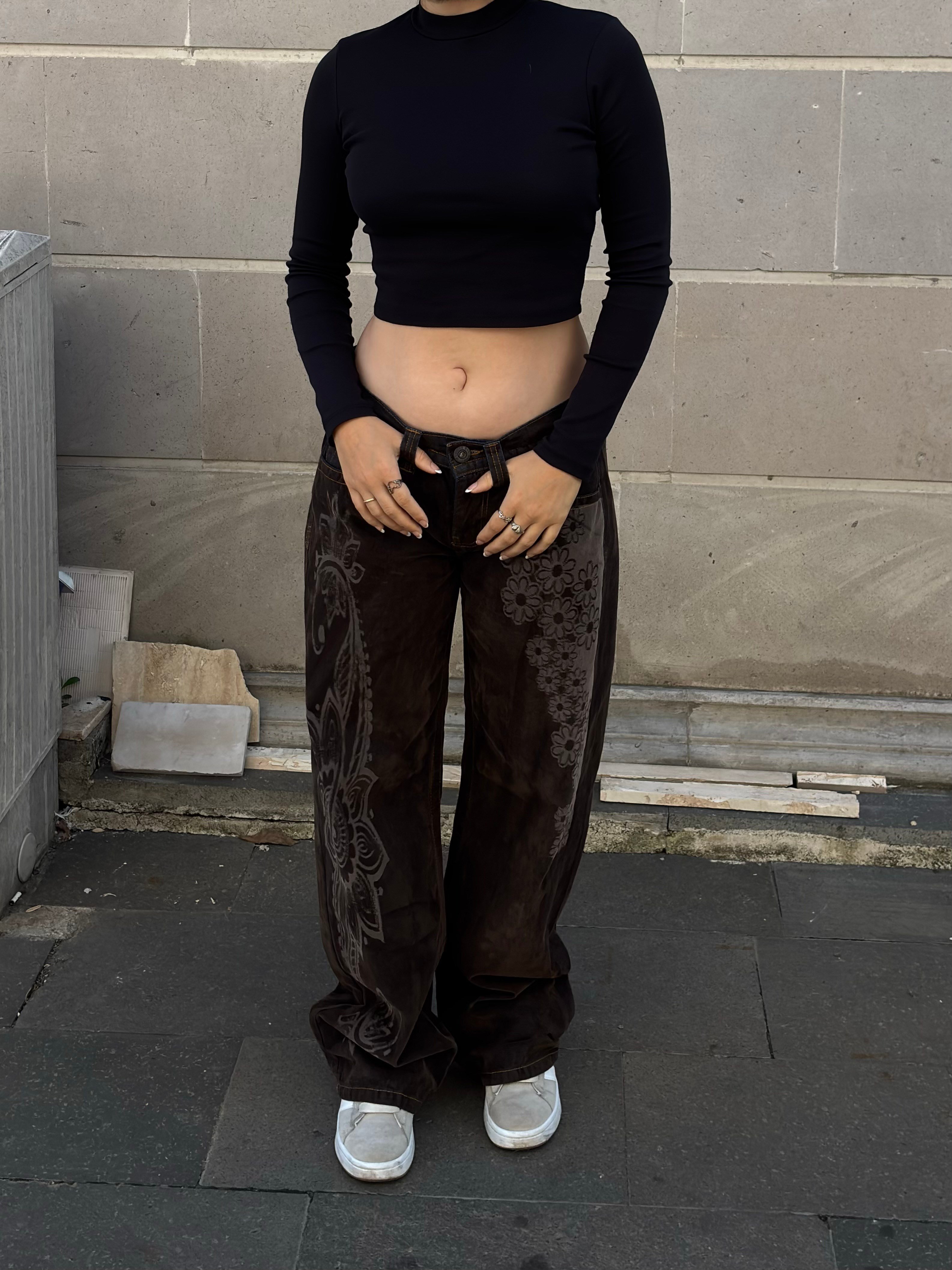 Premium Paisley Bloom Kadife Kaplama Düşük Bel Pants