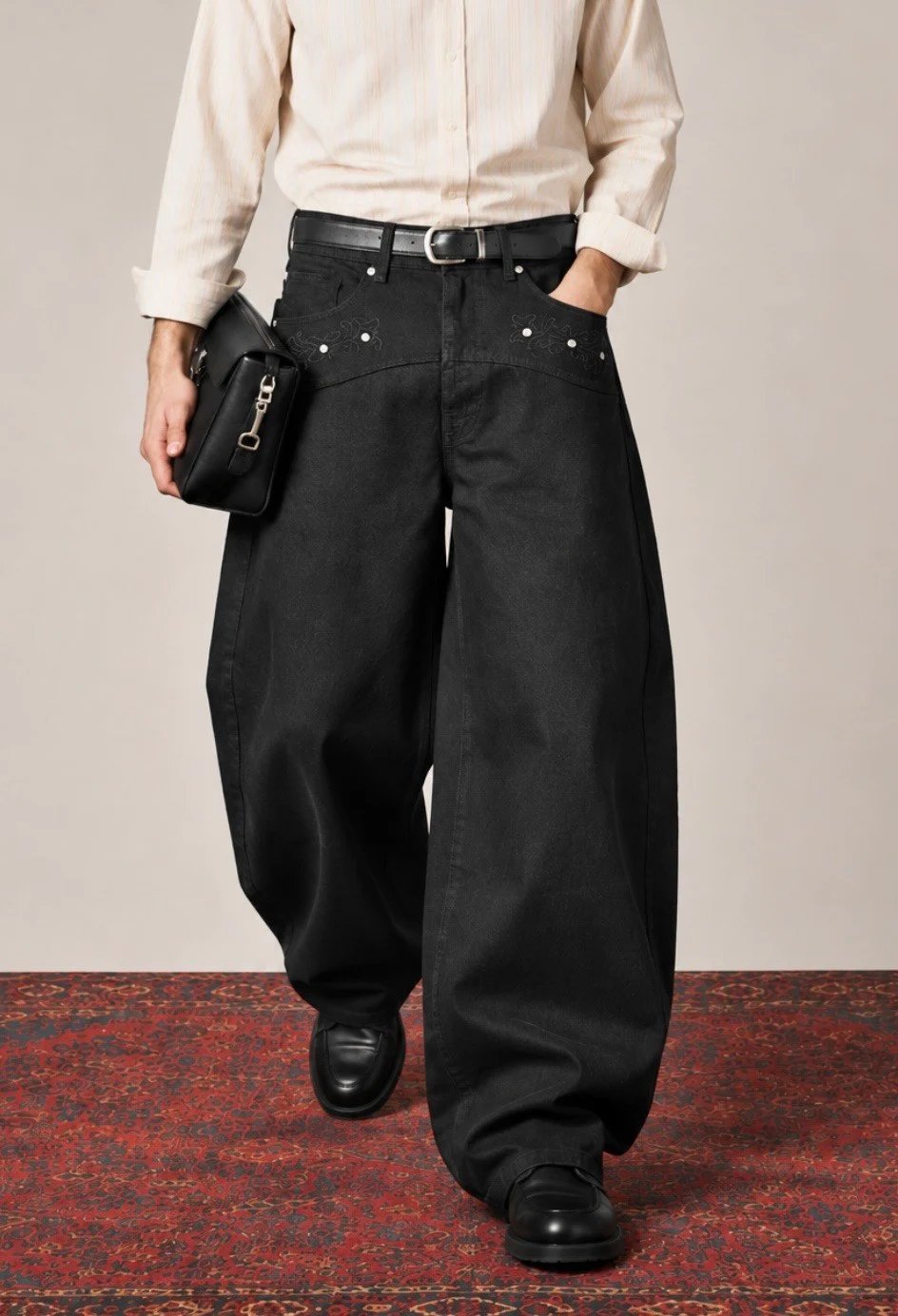 Premium Pearl Stitch Ultra Baggy Black Jeans