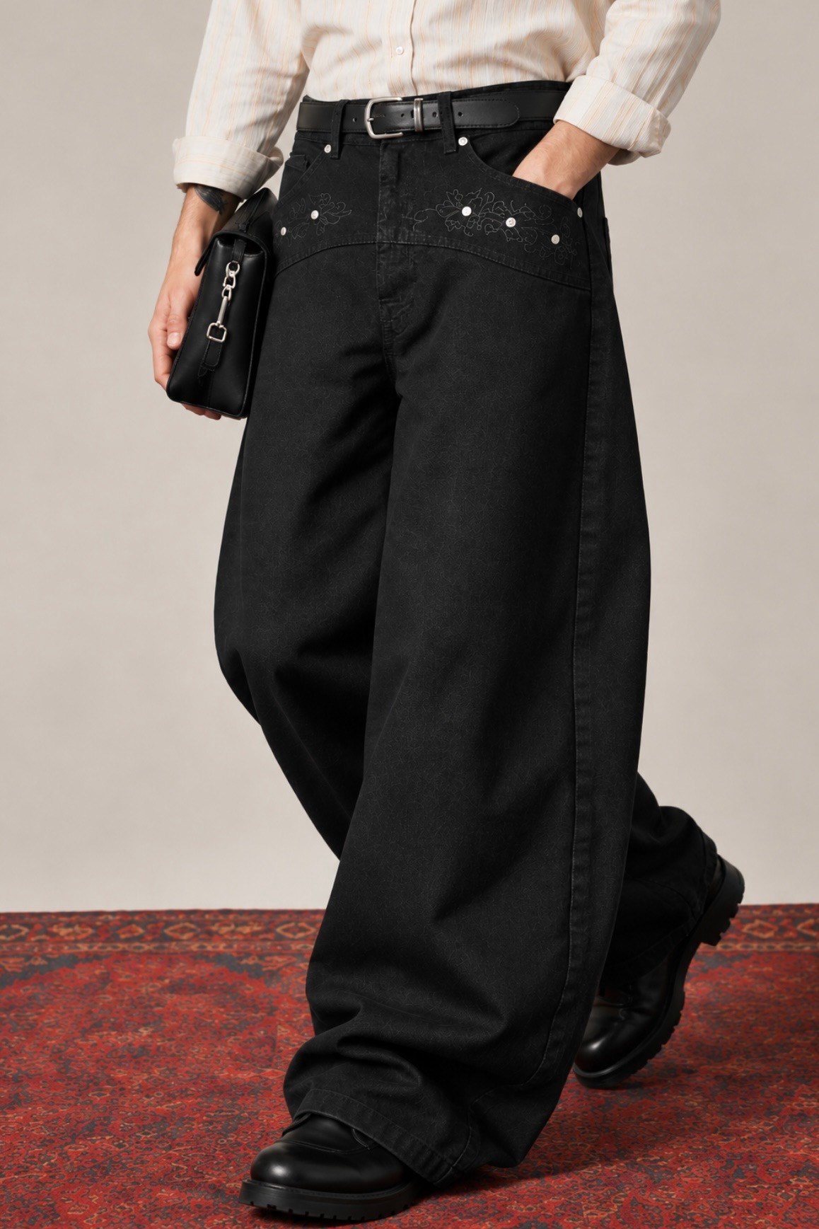 Premium Pearl Stitch Ultra Baggy Black Jeans