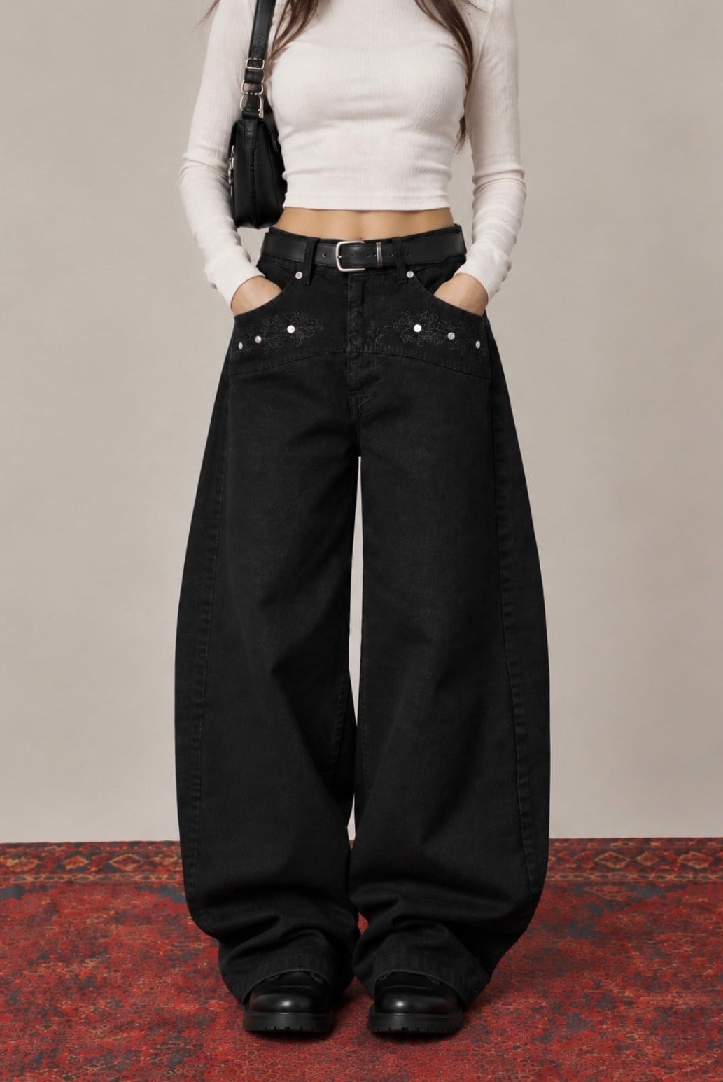 Premium Pearl Stitch Ultra Baggy Black Jeans