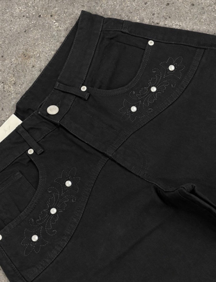 Premium Pearl Stitch Ultra Baggy Black Jeans