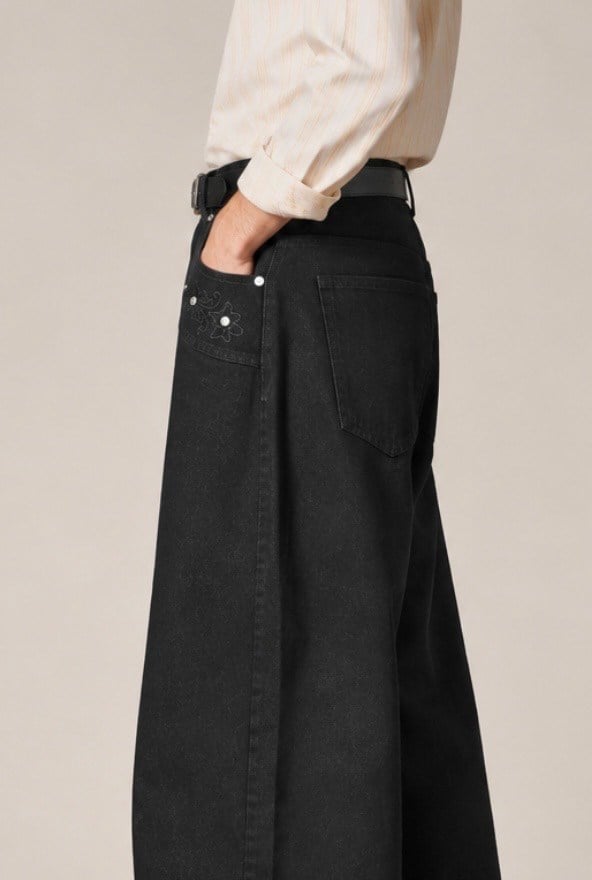 Premium Pearl Stitch Ultra Baggy Black Jeans