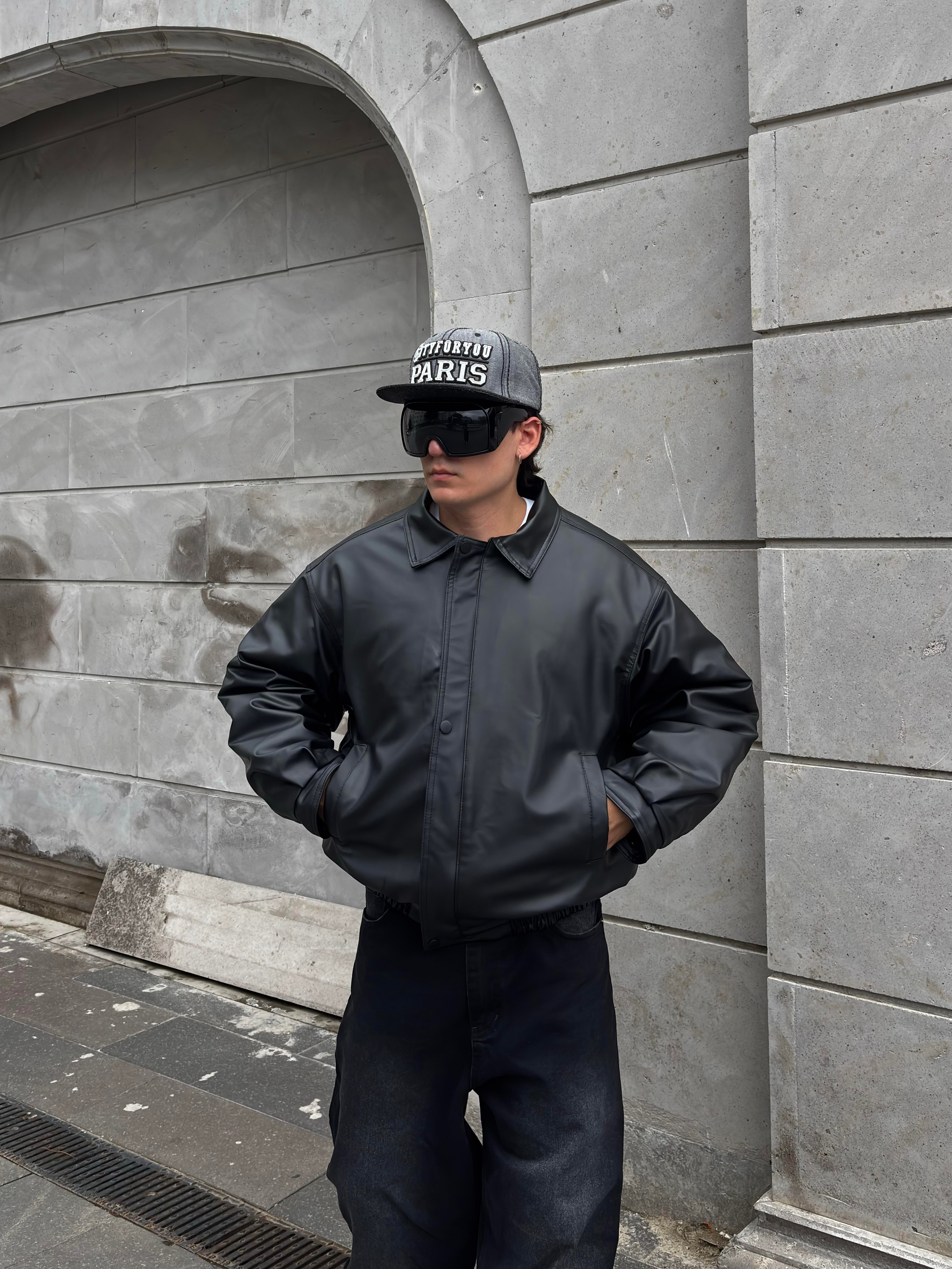Premium Siyah Bomber Full-Zip Deri Ceket