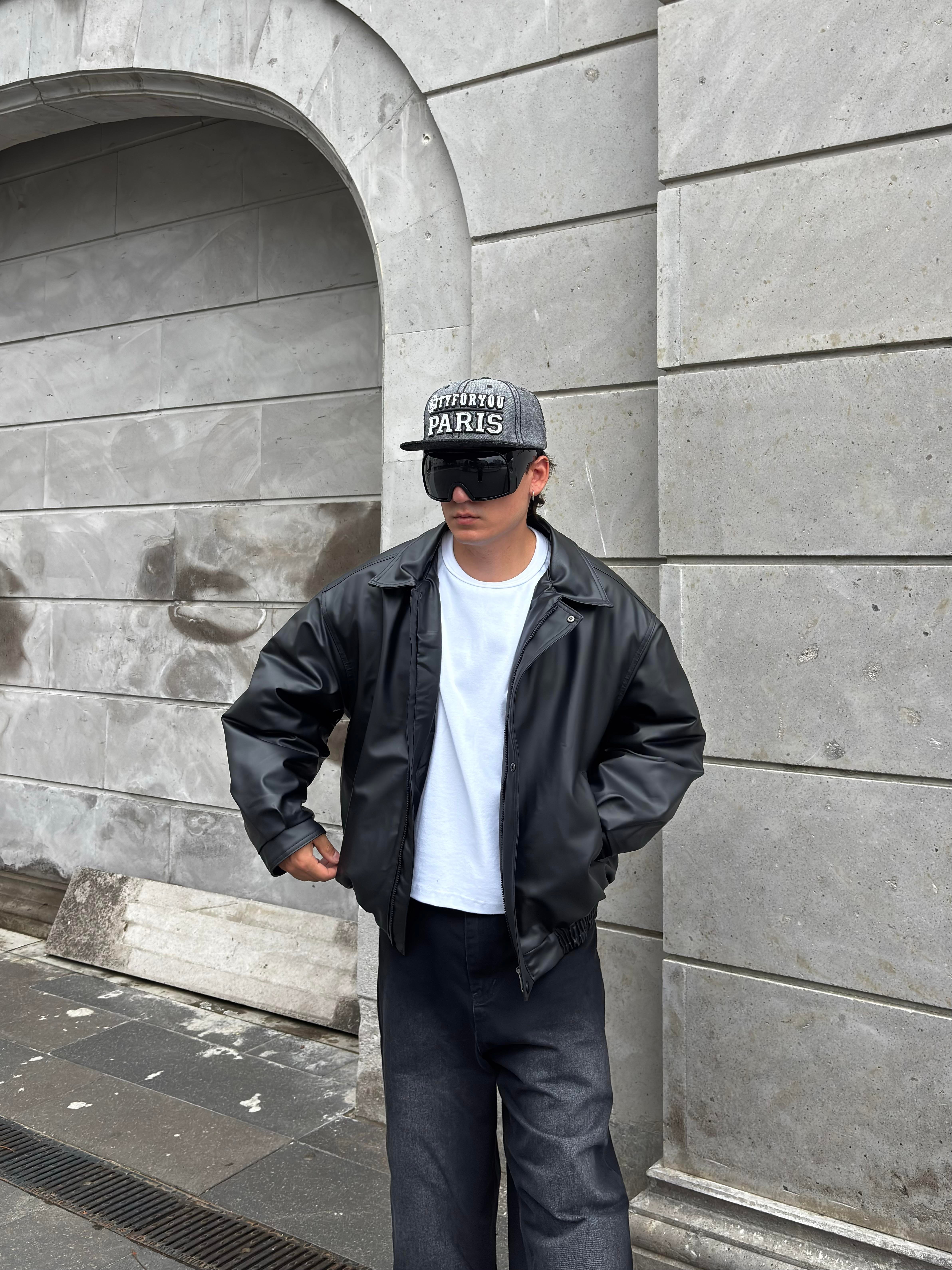 Premium Siyah Bomber Full-Zip Deri Ceket