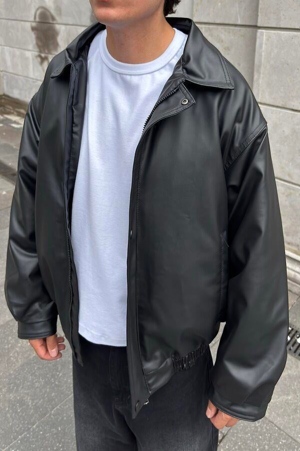 Premium Siyah Bomber Full-Zip Deri Ceket