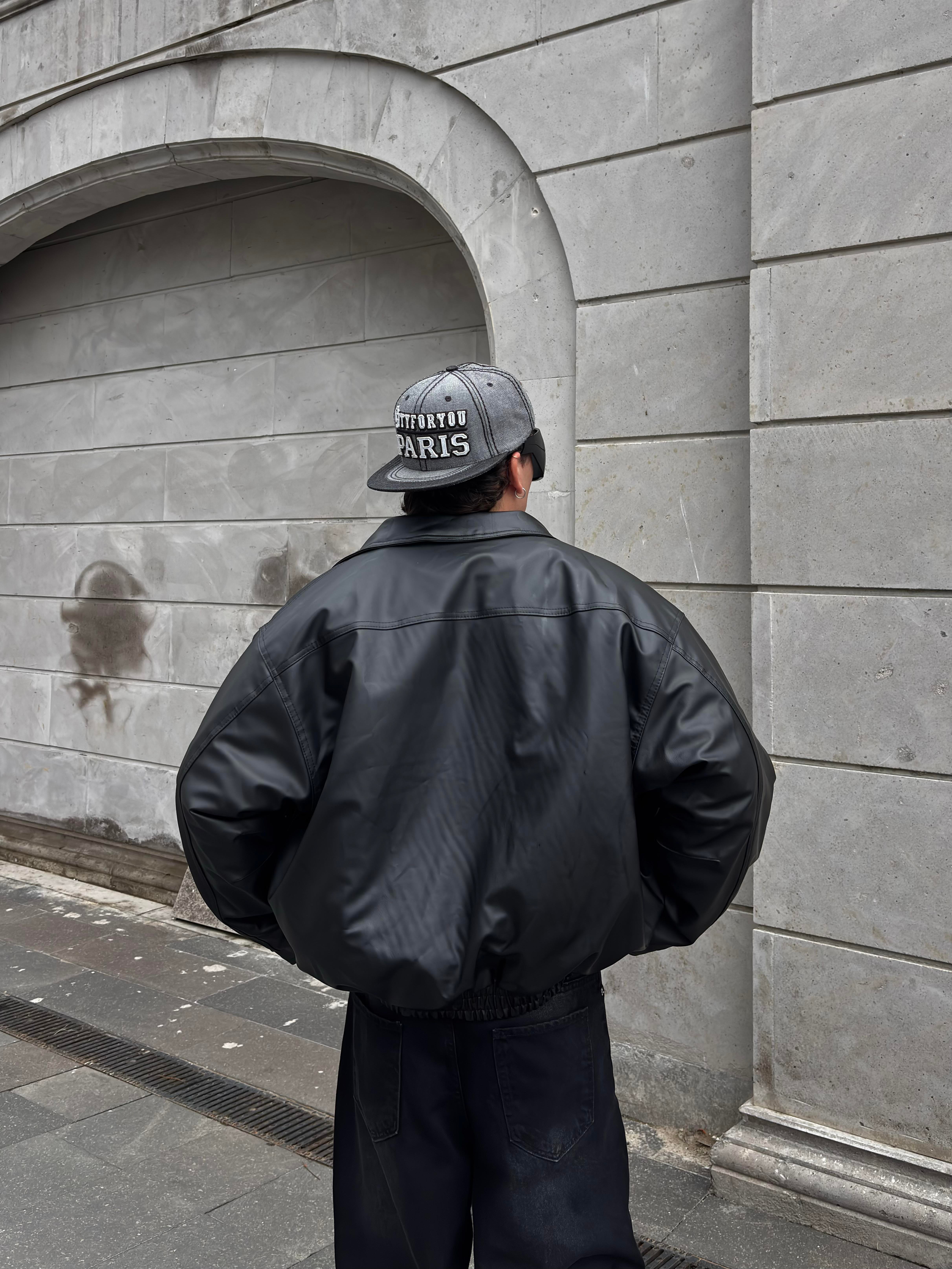 Premium Siyah Bomber Full-Zip Deri Ceket