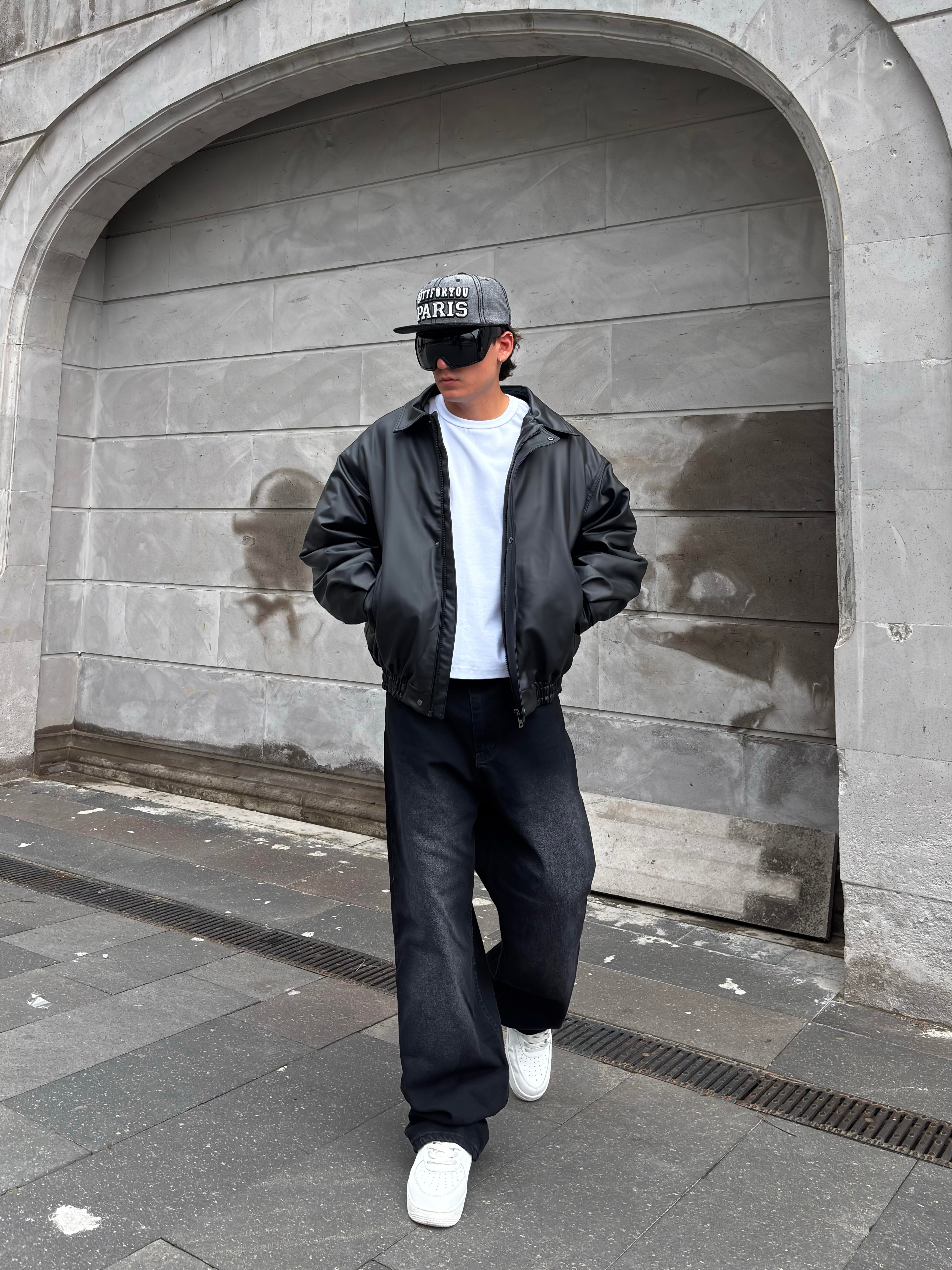 Premium Siyah Bomber Full-Zip Deri Ceket