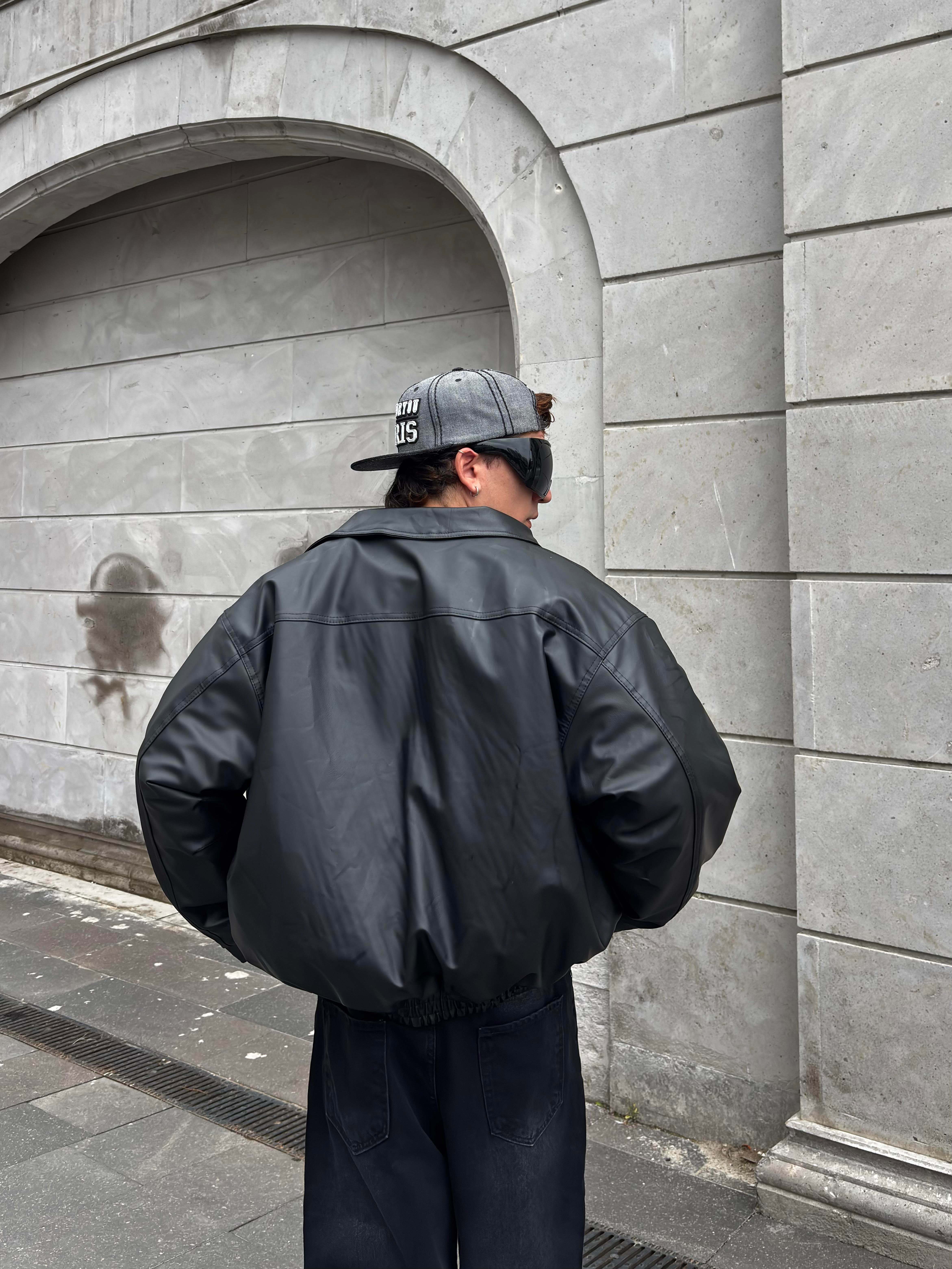 Premium Siyah Bomber Full-Zip Deri Ceket