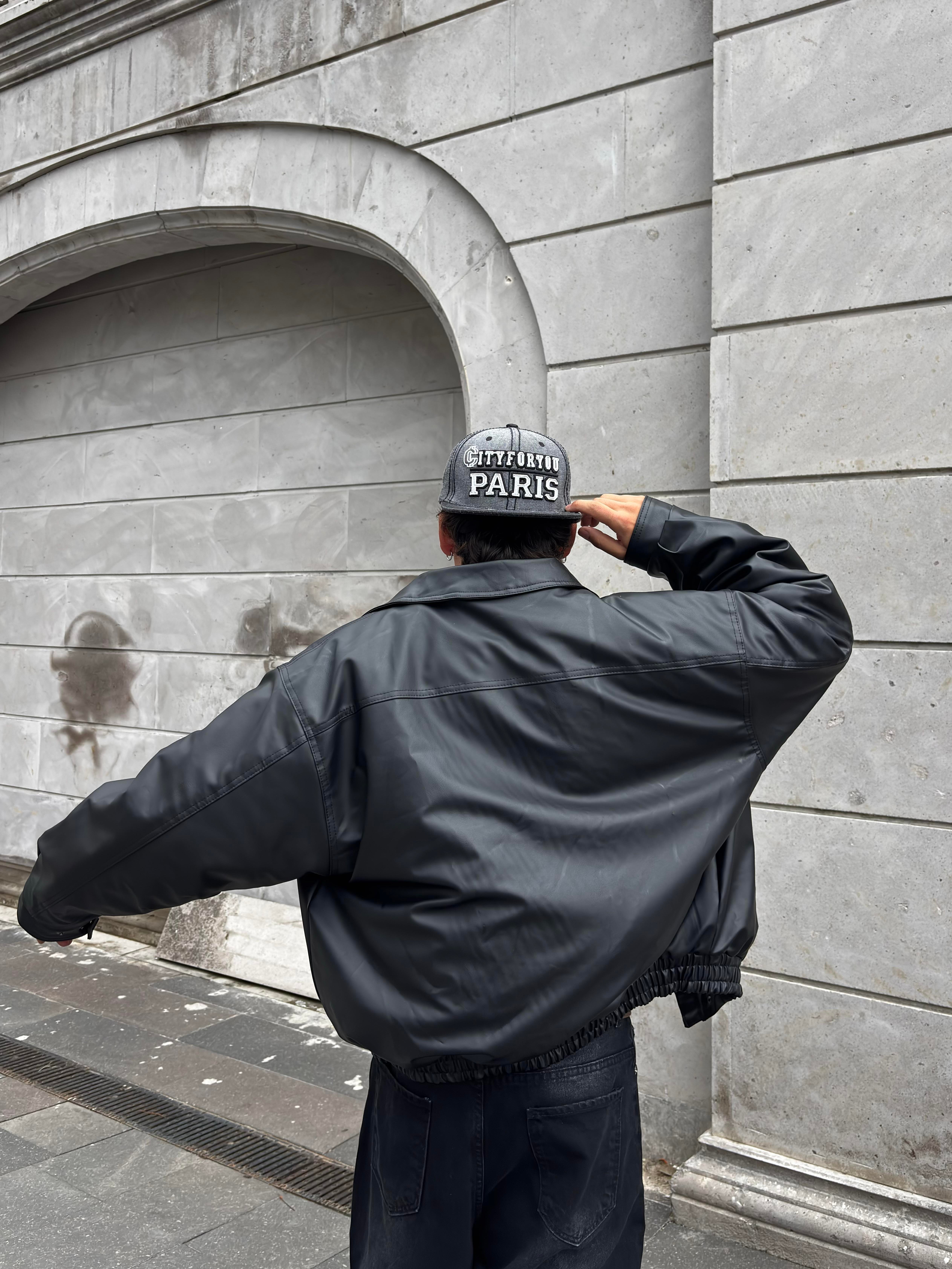 Premium Siyah Bomber Full-Zip Deri Ceket