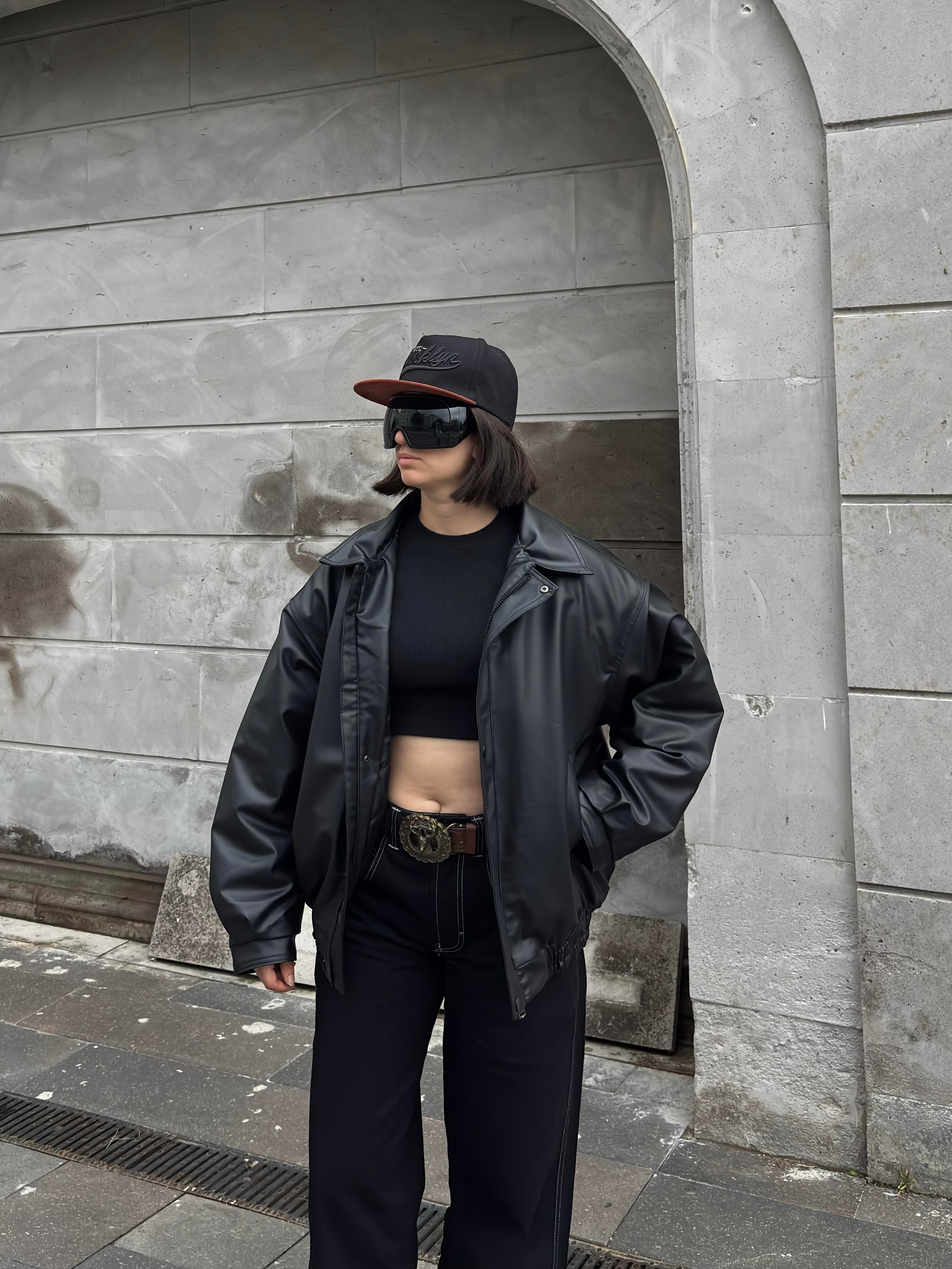 Premium Siyah Bomber Full-Zip Deri Ceket