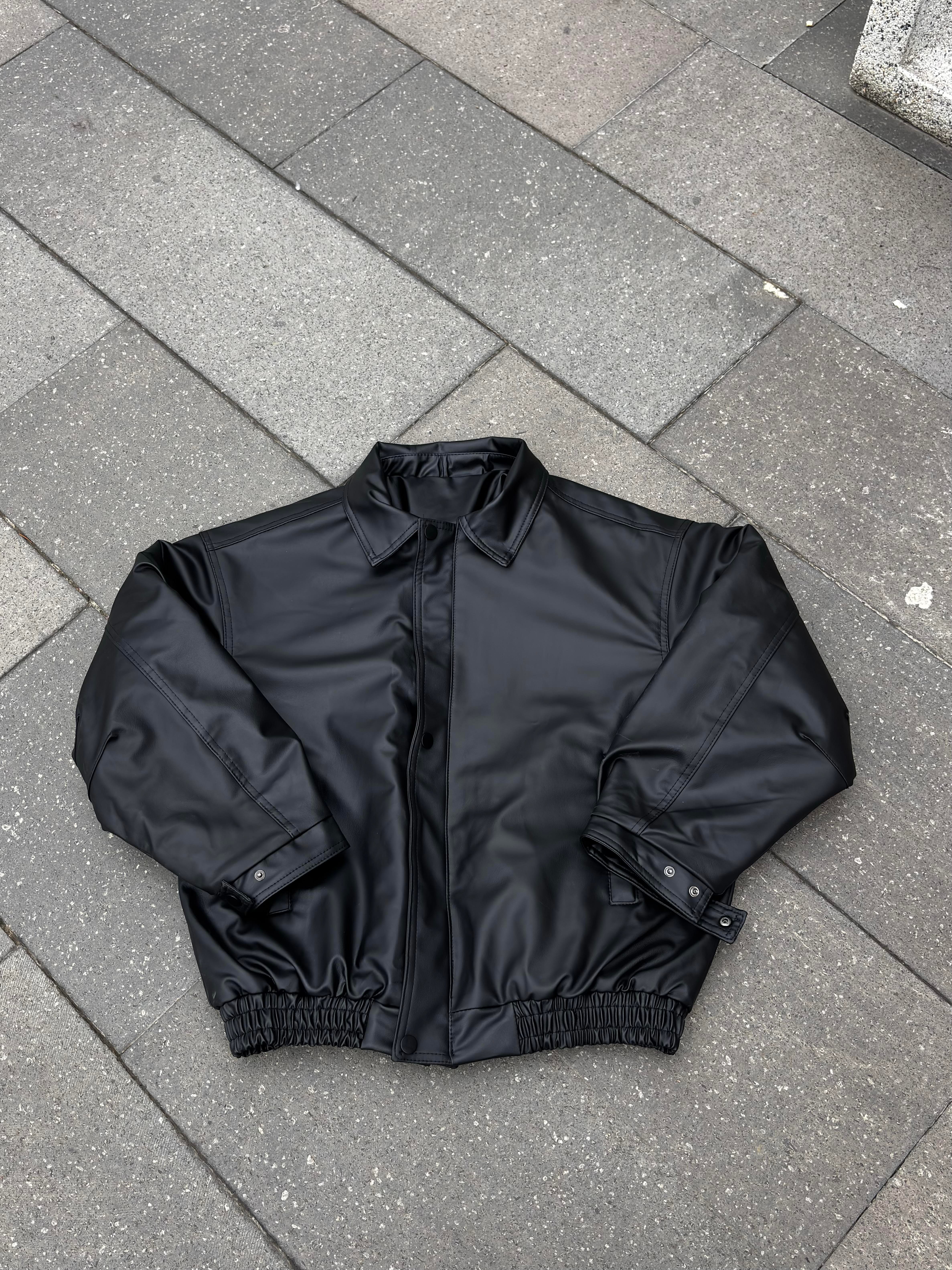 Premium Siyah Bomber Full-Zip Deri Ceket