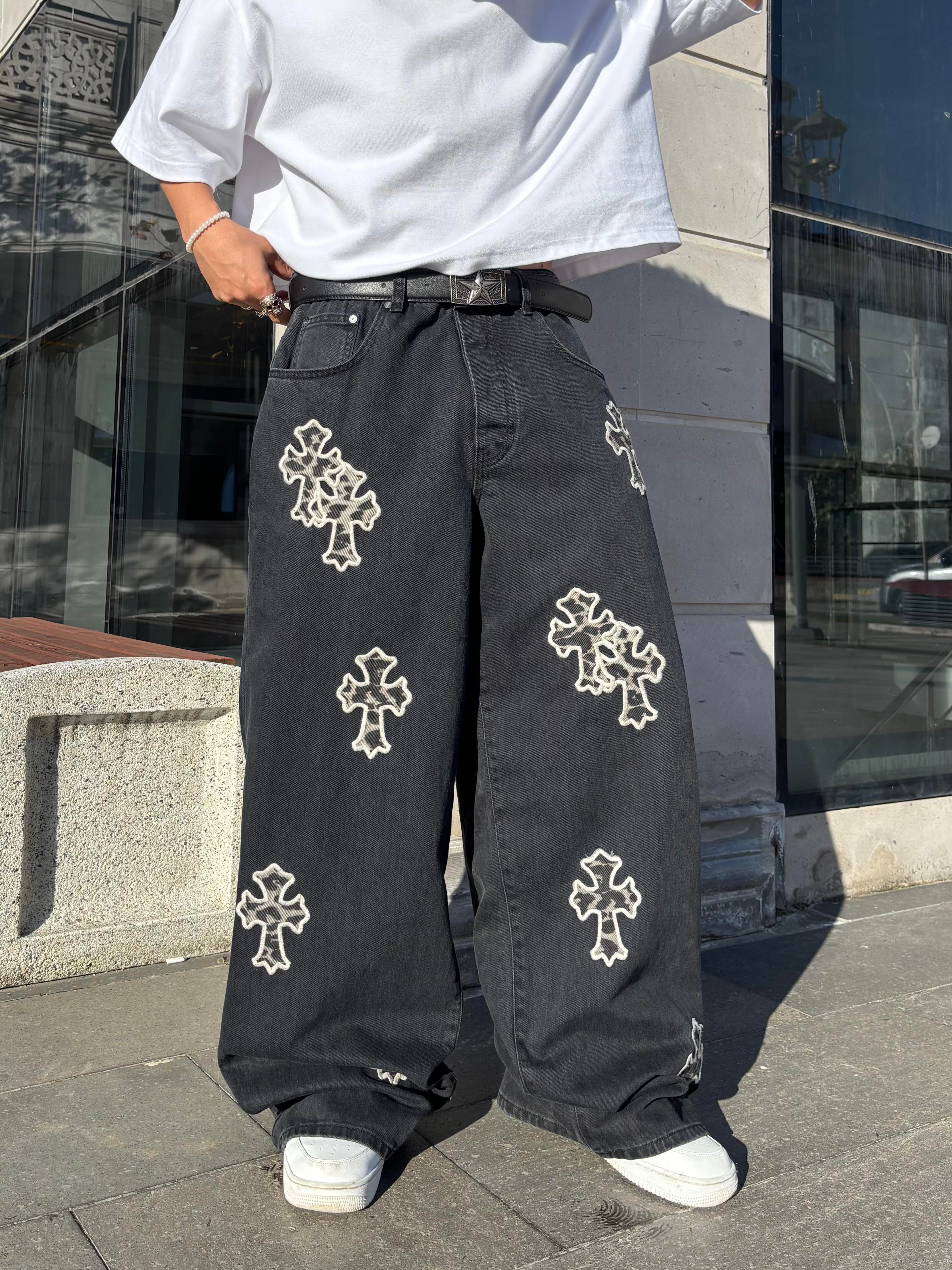 Premium Tall Leopard Cross Applique Ekstreme Baggy Jean
