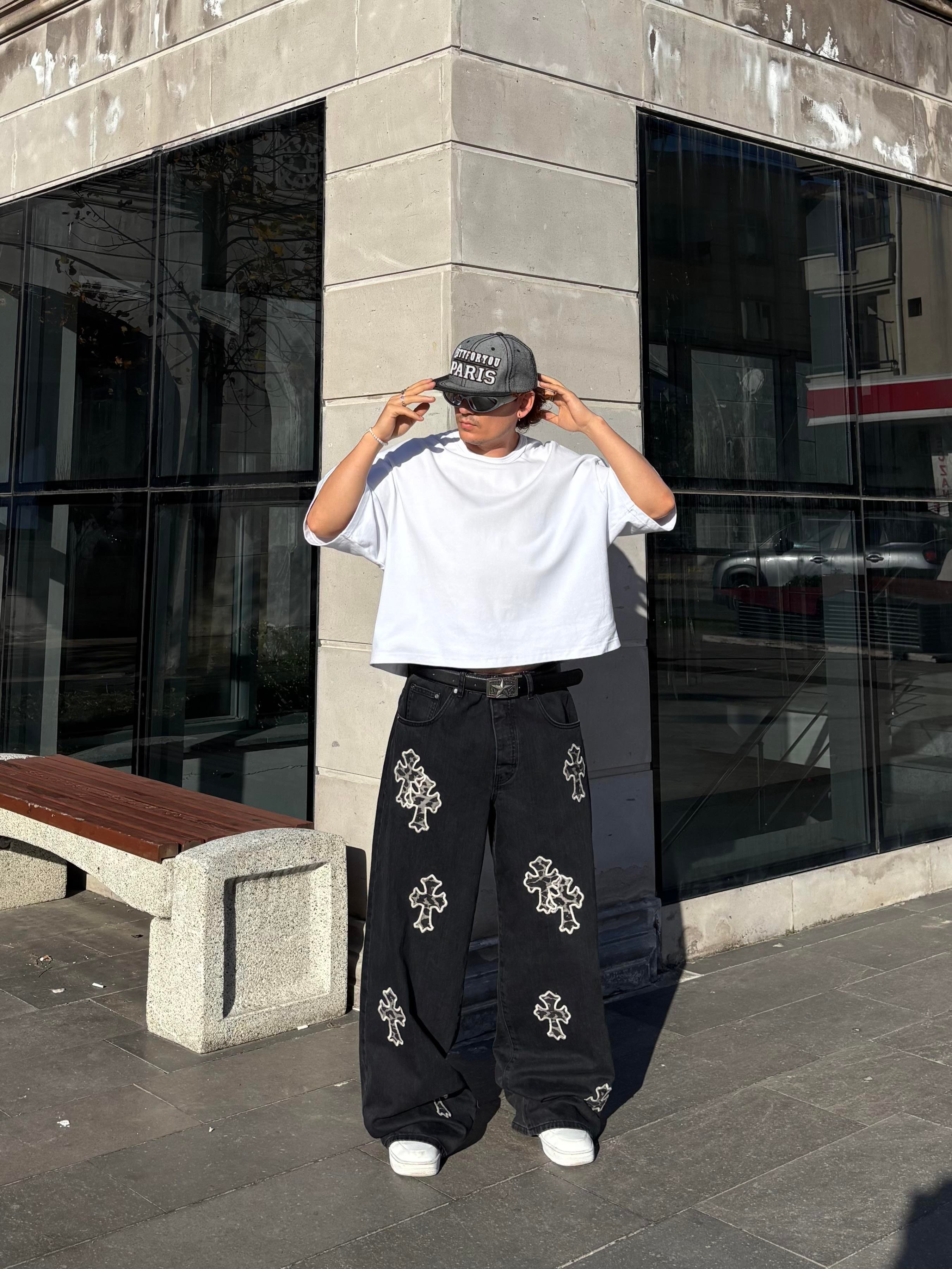 Premium Tall Leopard Cross Applique Ekstreme Baggy Jean